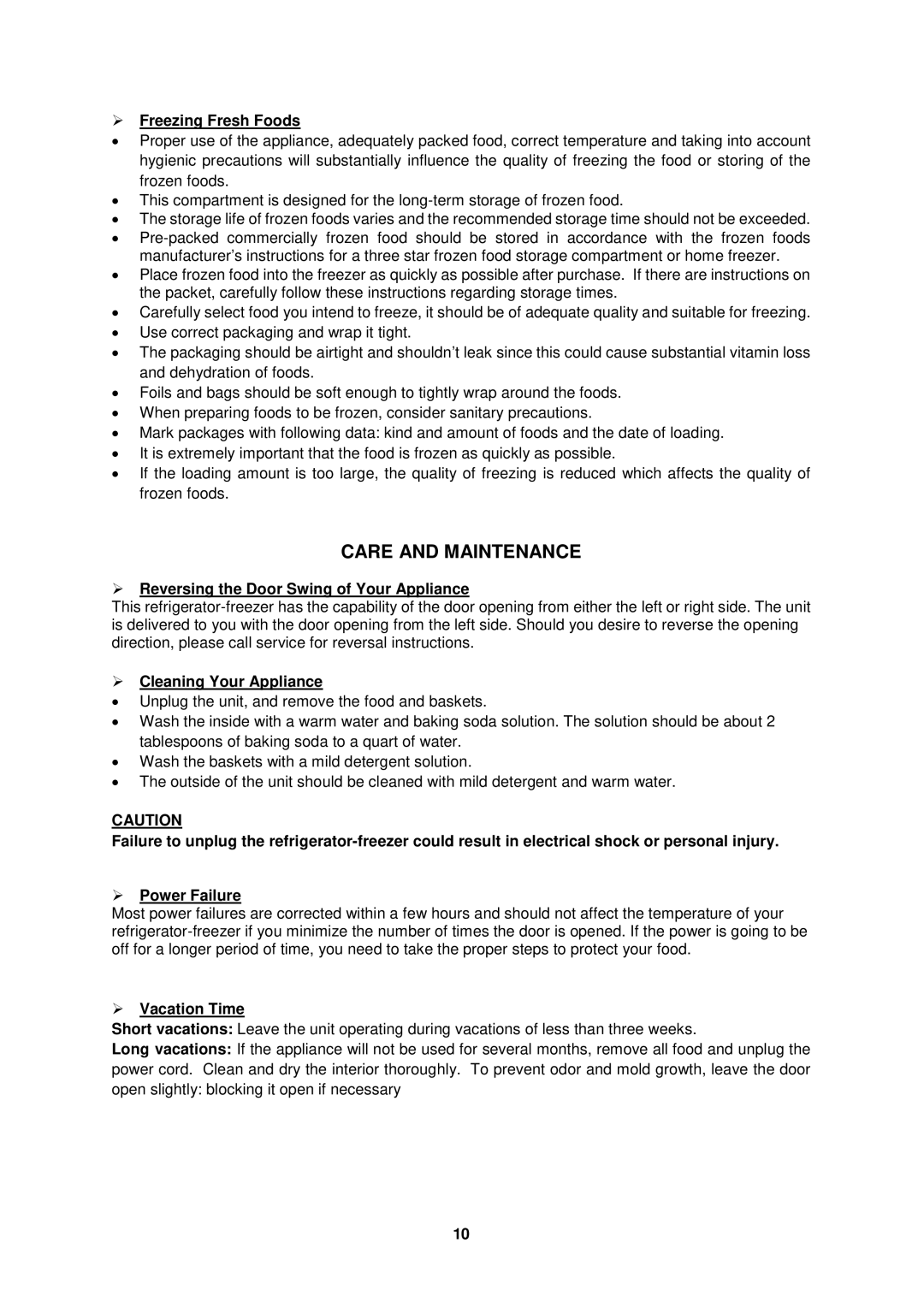 Avanti FF994PS Care and Maintenance,  Freezing Fresh Foods,  Reversing the Door Swing of Your Appliance,  Vacation Time 