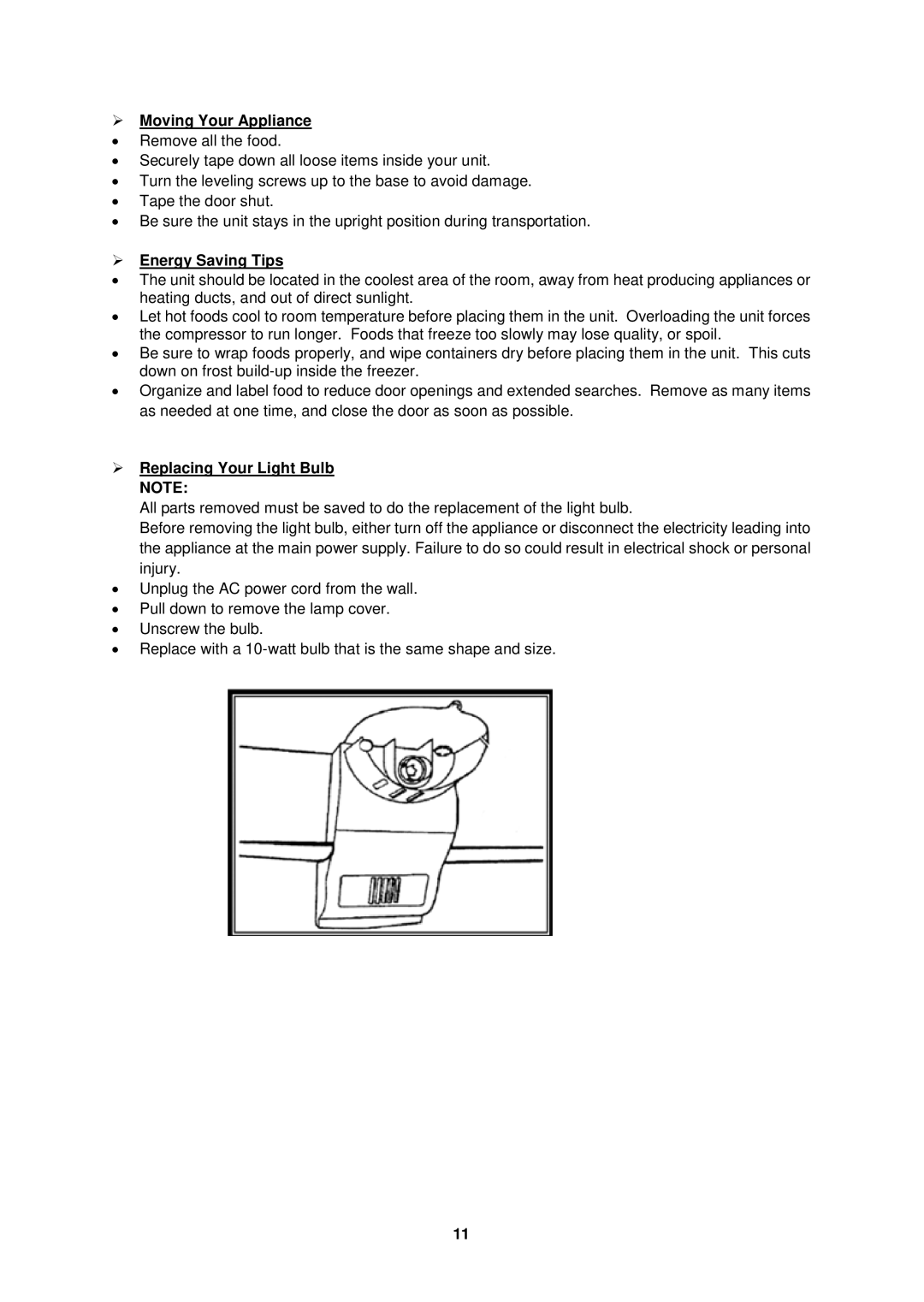 Avanti FF993W, FF994PS instruction manual  Moving Your Appliance,  Energy Saving Tips,  Replacing Your Light Bulb Note 