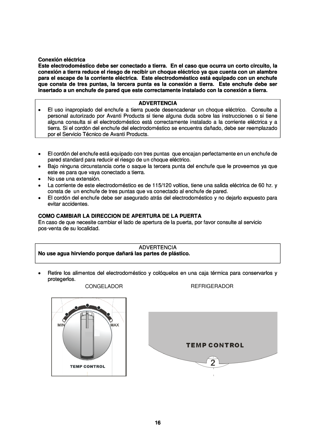Avanti FF994PS, FF993W instruction manual Conexión eléctrica, Advertencia 