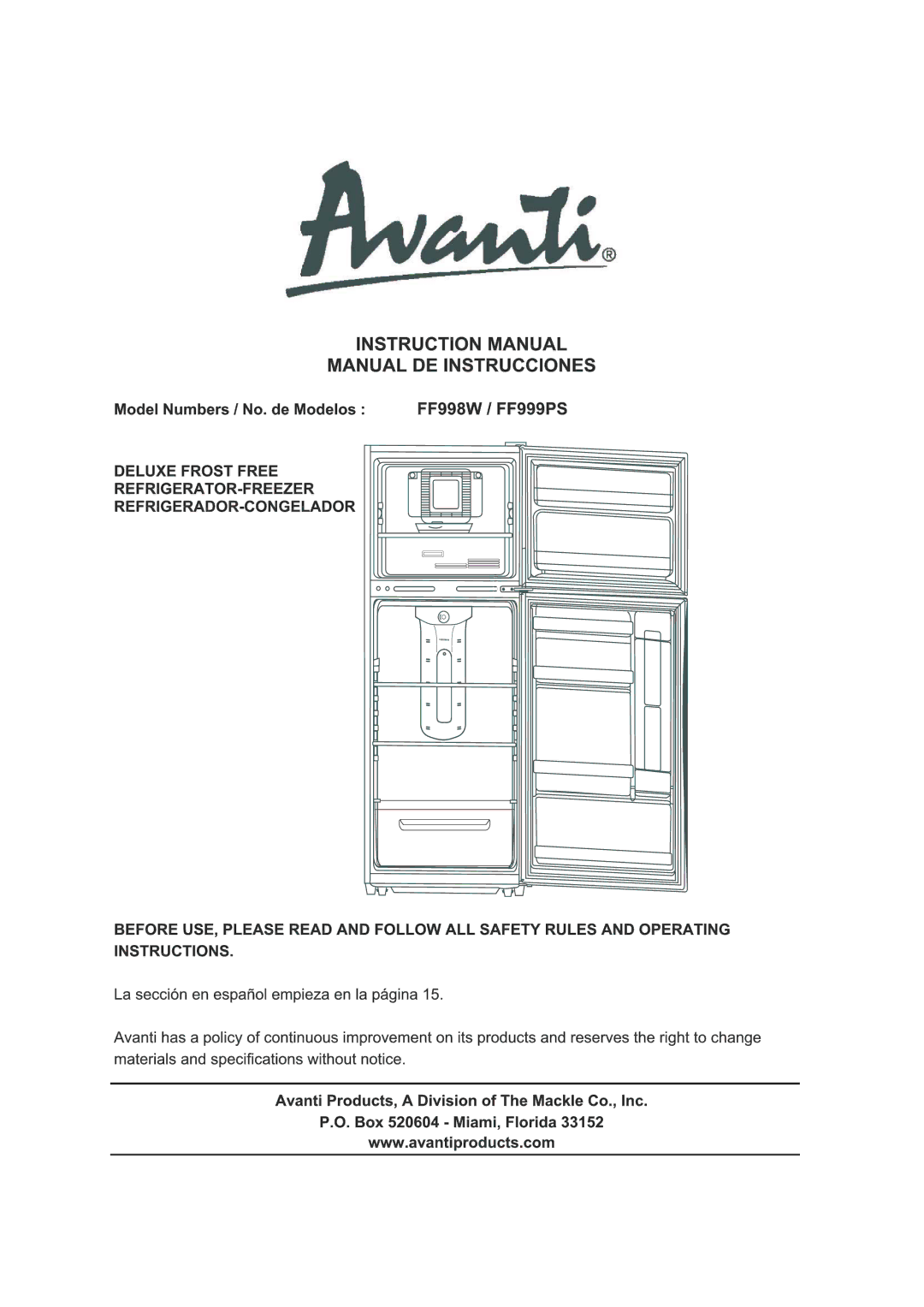 Avanti FF998W, FF999PS manual 