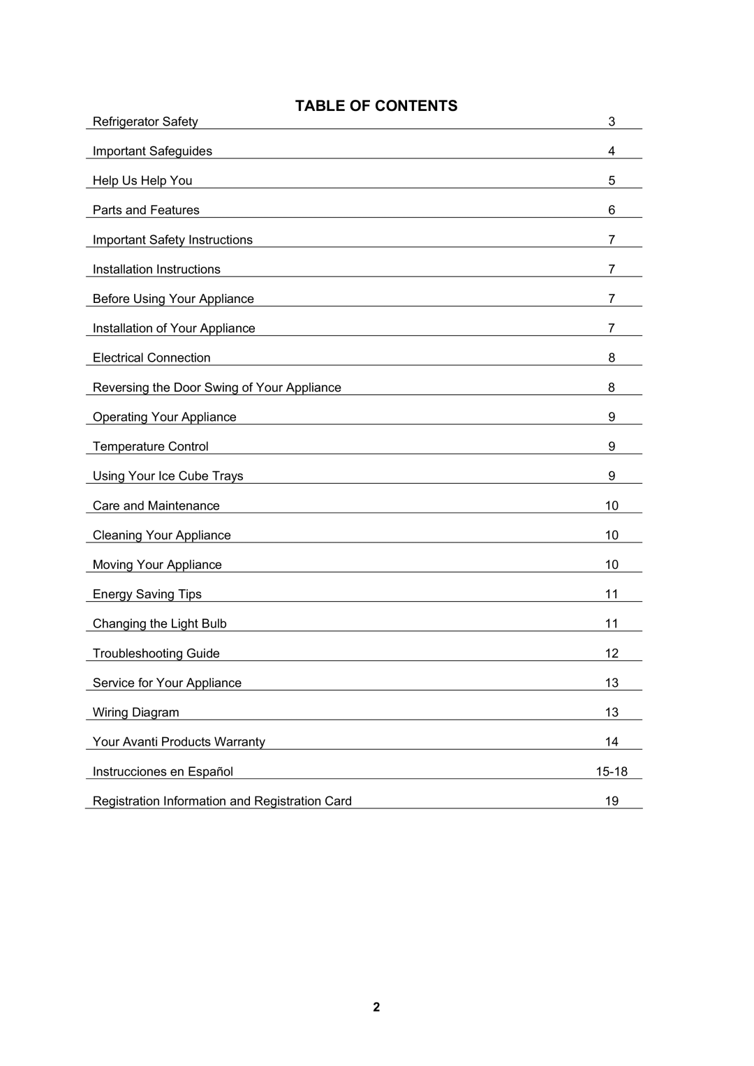 Avanti FF999PS, FF998W manual Table of Contents 