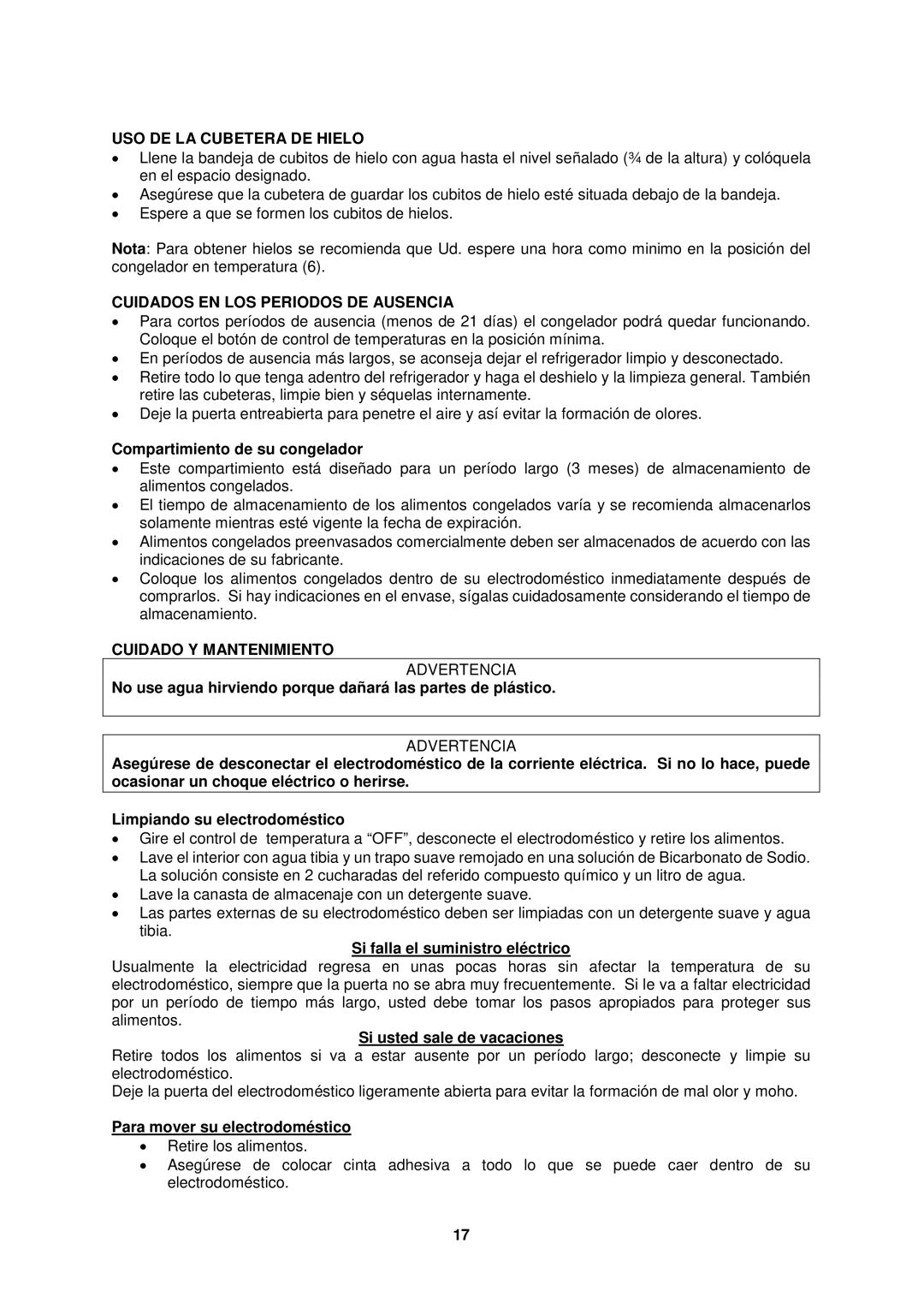 Avanti FFBM921PS, FFBM920W USO DE LA Cubetera DE Hielo, Cuidados EN LOS Periodos DE Ausencia, Cuidado Y Mantenimiento 