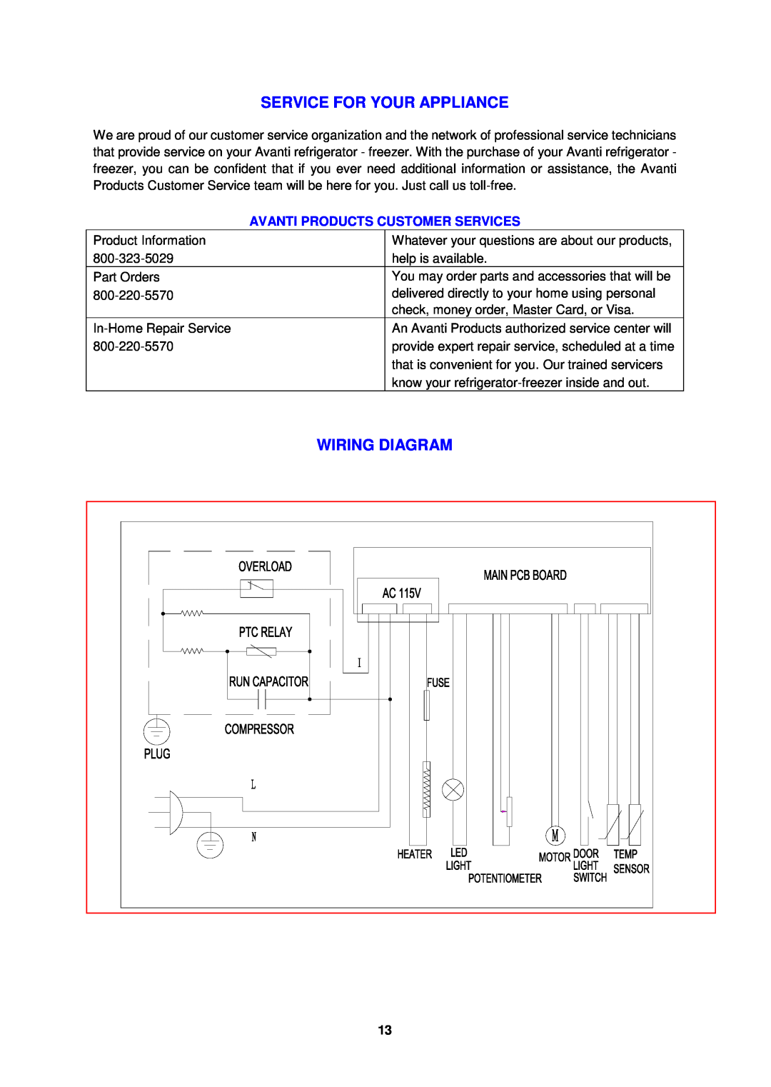 Avanti FFBM921PS, FFBM920W instruction manual Service For Your Appliance, Wiring Diagram, Avanti Products Customer Services 