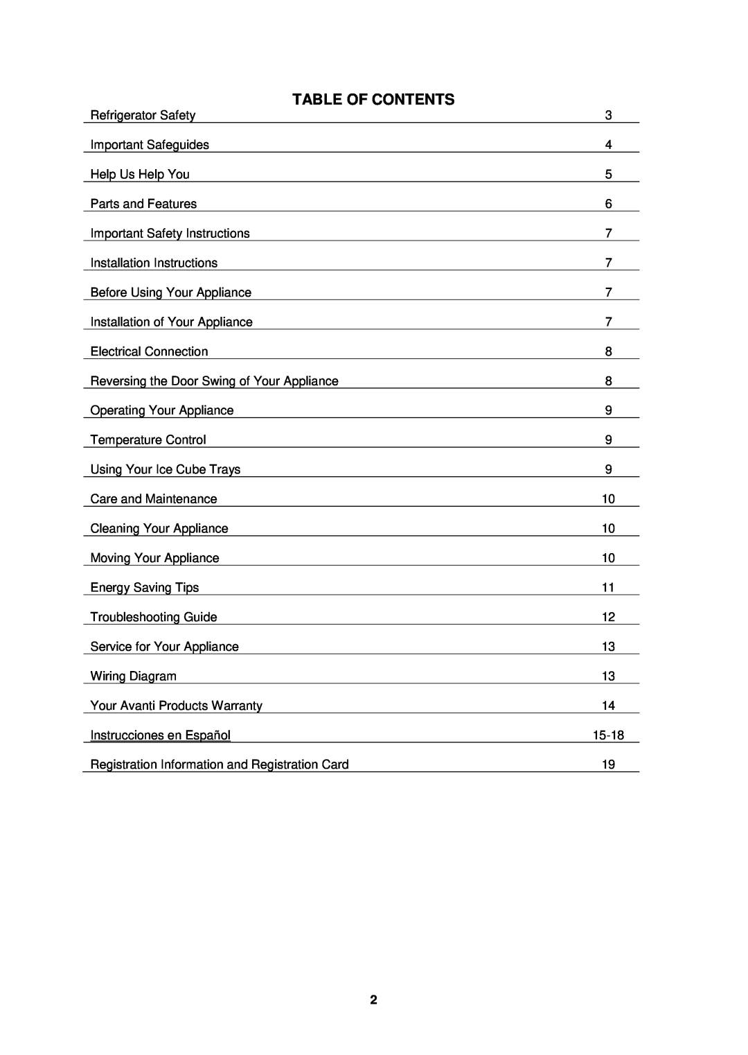 Avanti FFBM920W, FFBM921PS instruction manual Table Of Contents 