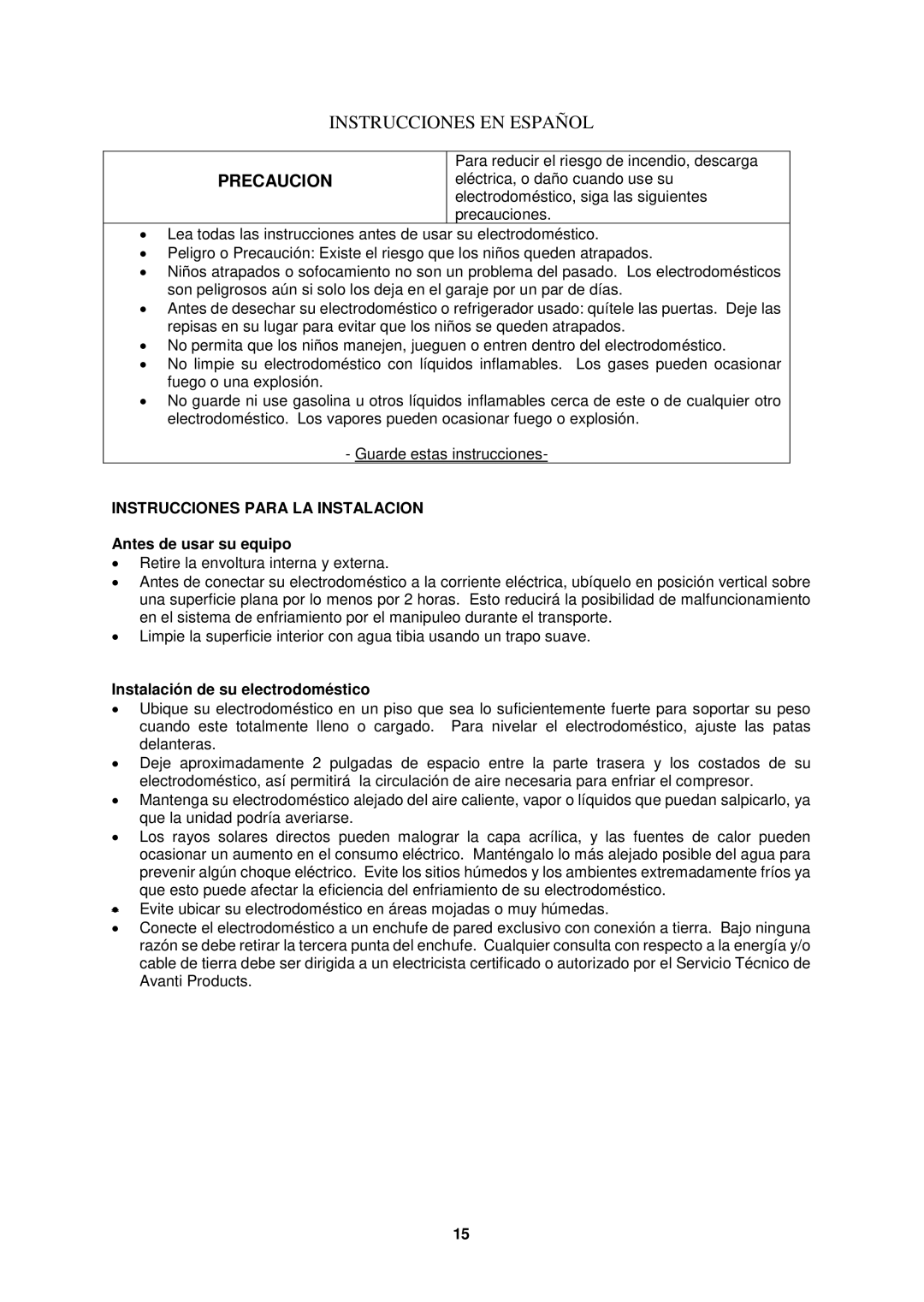 Avanti FFBM923PS, FFBM922W Instrucciones Para LA Instalacion, Antes de usar su equipo, Instalación de su electrodoméstico 