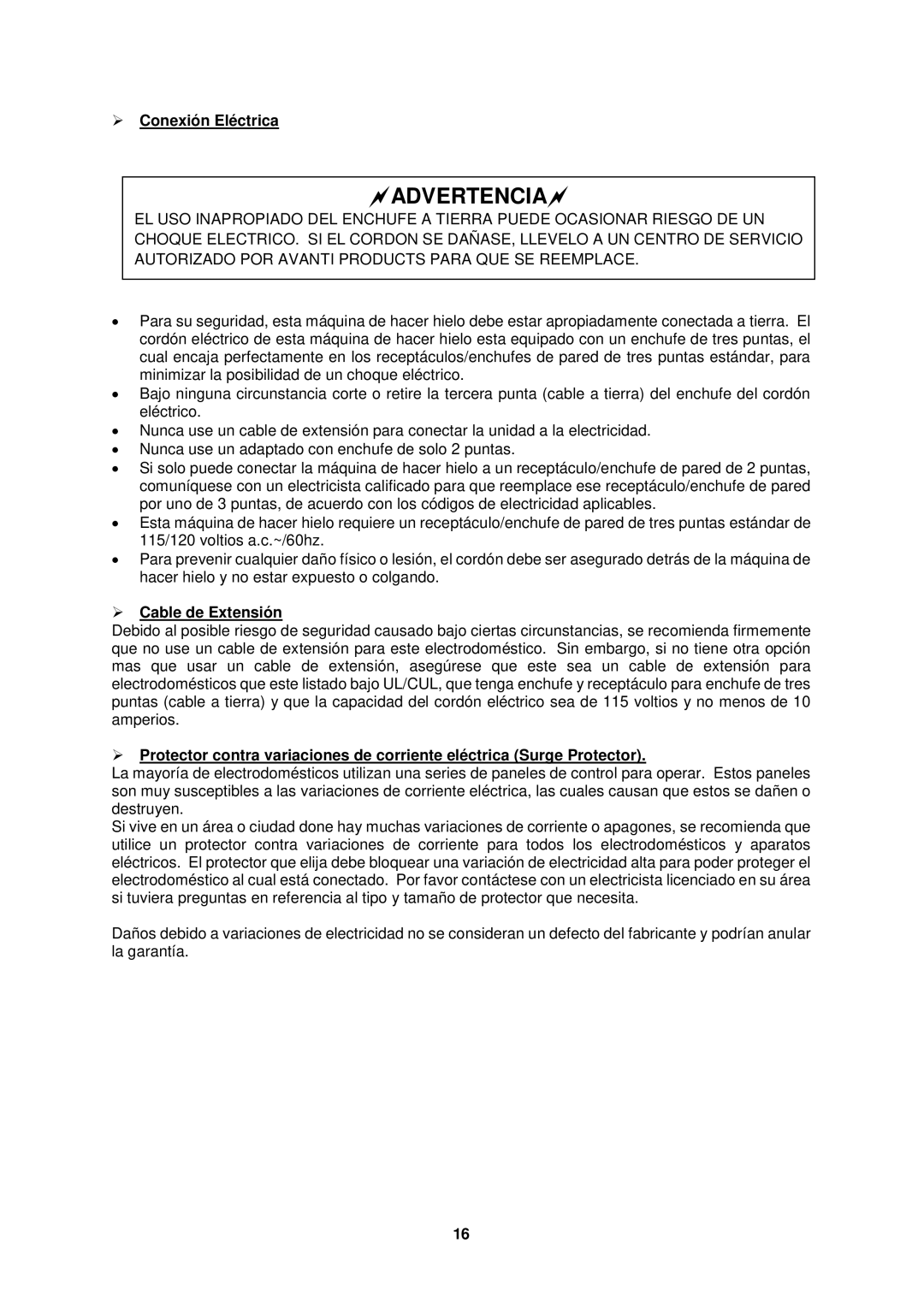 Avanti FFBM922W, FFBM923PS instruction manual  Conexión Eléctrica,  Cable de Extensión 