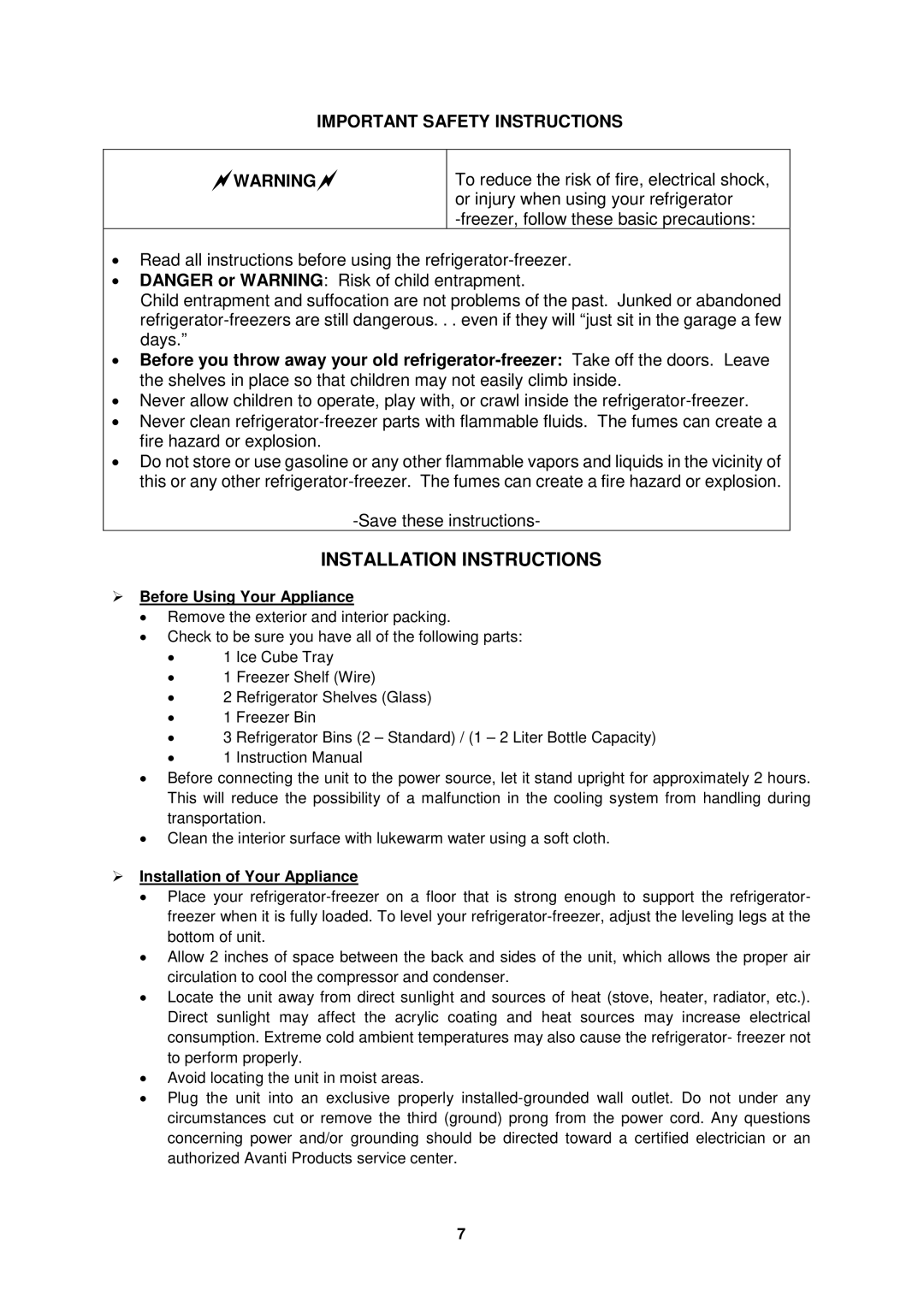 Avanti FFBM923PS, FFBM922W Installation Instructions,  Before Using Your Appliance,  Installation of Your Appliance 