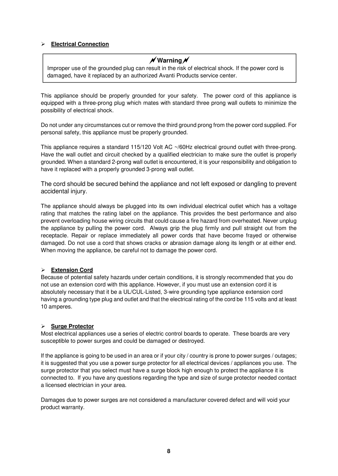Avanti FFBM922W, FFBM923PS instruction manual  Electrical Connection,  Extension Cord,  Surge Protector 