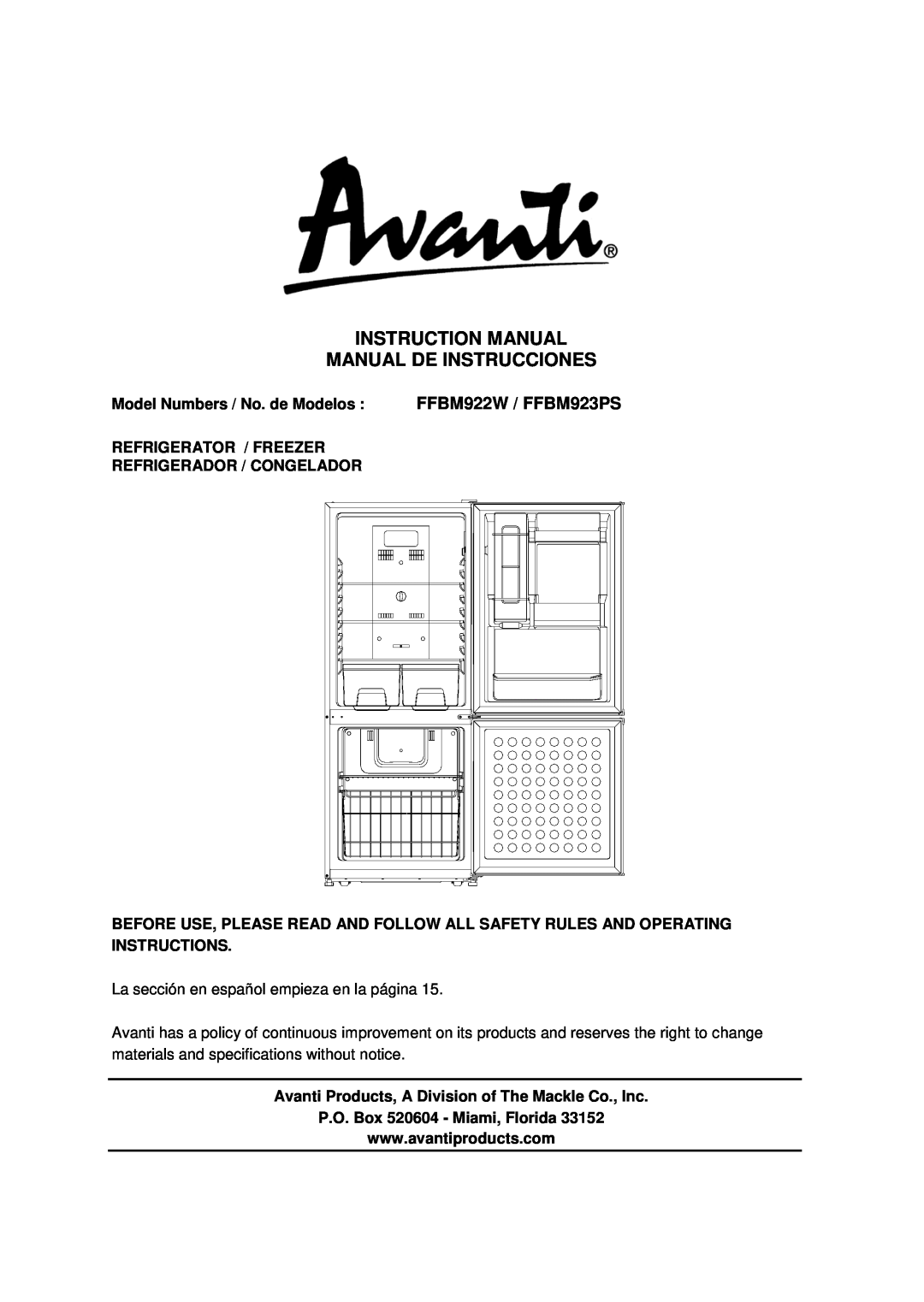 Avanti instruction manual FFBM922W / FFBM923PS, Model Numbers / No. de Modelos, P.O. Box 520604 - Miami, Florida 