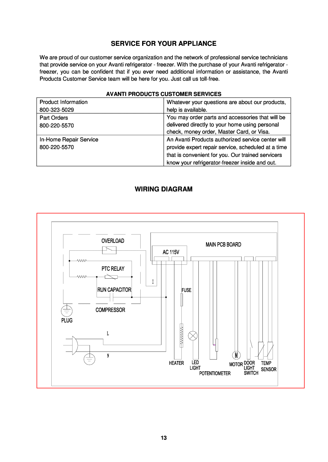 Avanti FFBM923PS, FFBM922W instruction manual Service For Your Appliance, Wiring Diagram, Avanti Products Customer Services 
