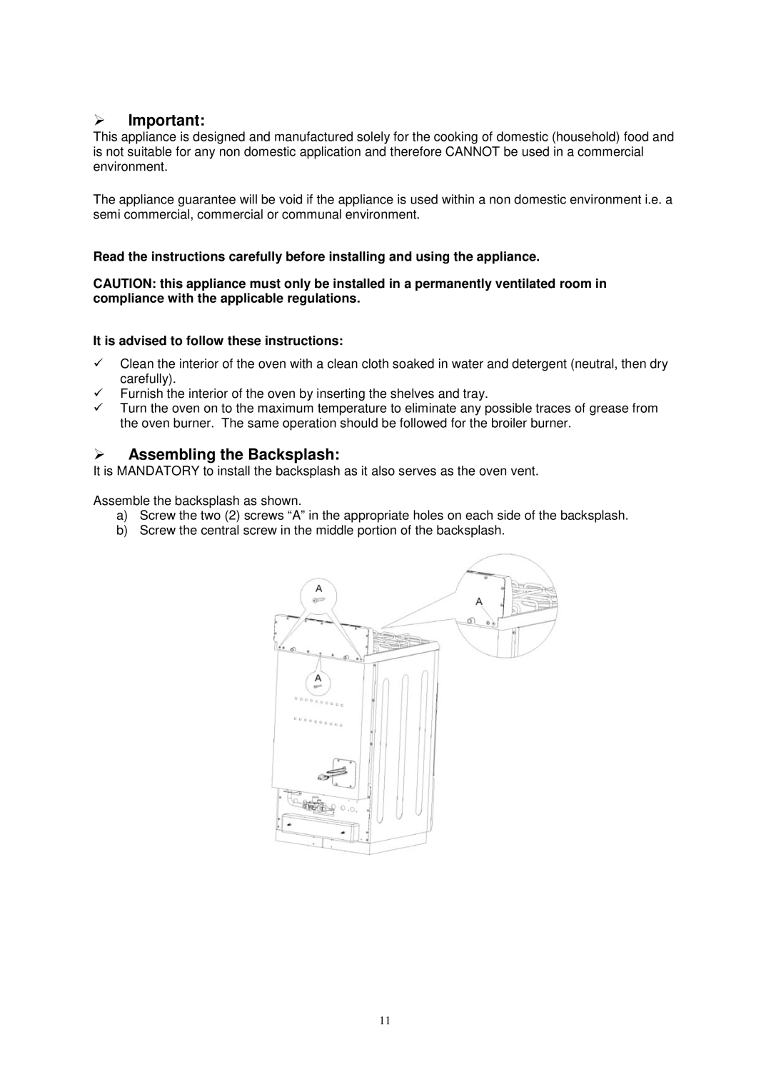 Avanti G2404CW, G2002CW, G2405CSS, G2003CSS instruction manual  Important,  Assembling the Backsplash 