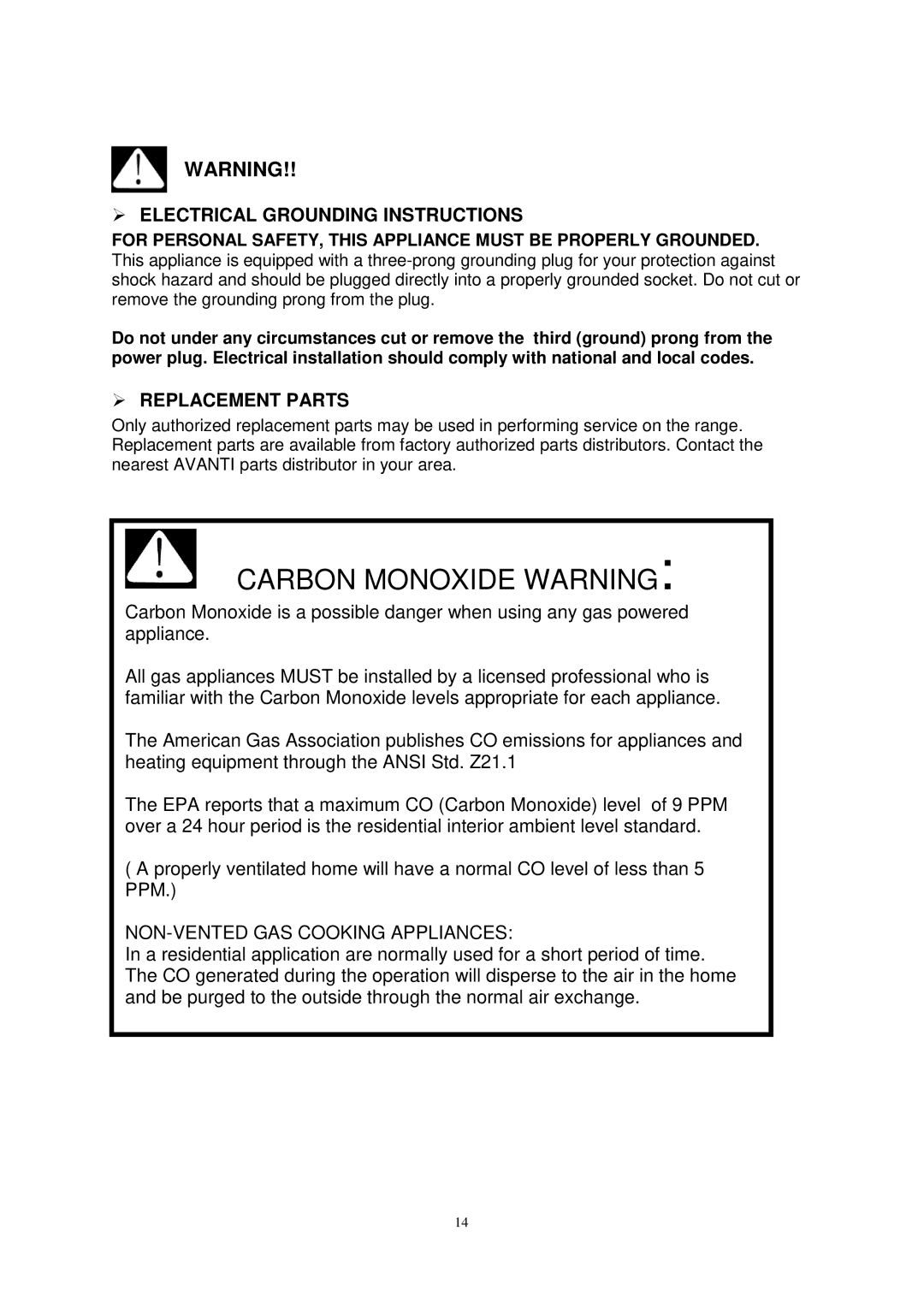 Avanti G2003CSS, G2002CW  Electrical Grounding Instructions,  Replacement Parts, NON-VENTED GAS Cooking Appliances 