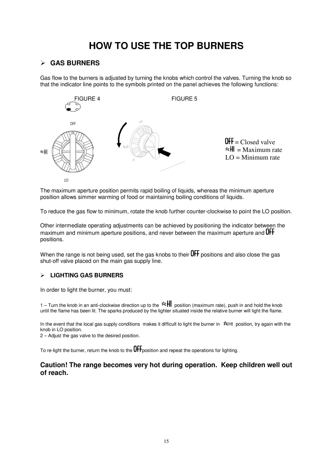 Avanti G2404CW, G2002CW, G2405CSS, G2003CSS instruction manual HOW to USE the TOP Burners,  GAS Burners 