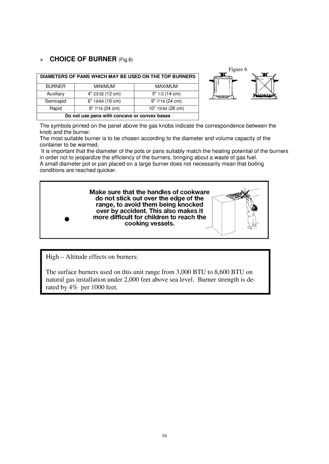 Avanti G2002CW, G2405CSS, G2003CSS, G2404CW  Choice of Burner, Diameters of Pans Which MAY be Used on the TOP Burners 