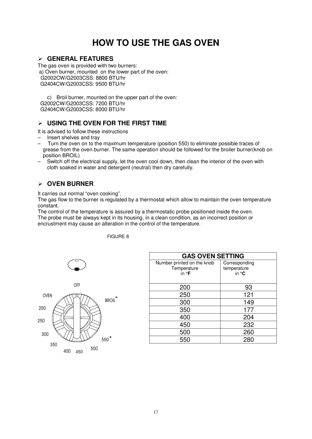 Avanti G2405CSS, G2002CW HOW to USE the GAS Oven,  General Features,  Using the Oven for the First Time,  Oven Burner 