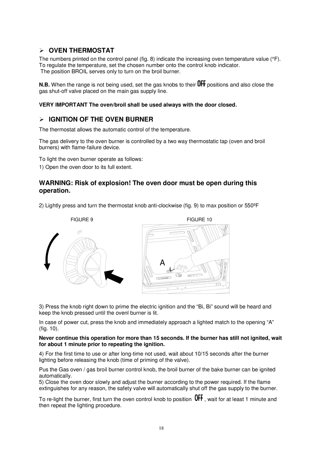 Avanti G2003CSS, G2002CW, G2405CSS, G2404CW instruction manual  Oven Thermostat,  Ignition of the Oven Burner 