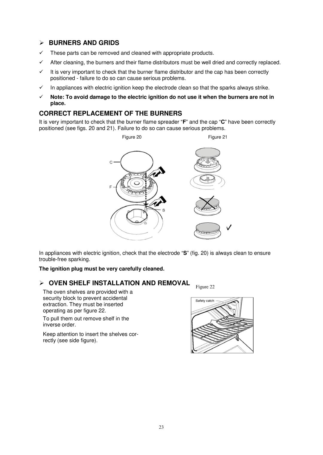 Avanti G2404CW, G2002CW  Burners and Grids, Correct Replacement of the Burners,  Oven Shelf Installation and Removal 