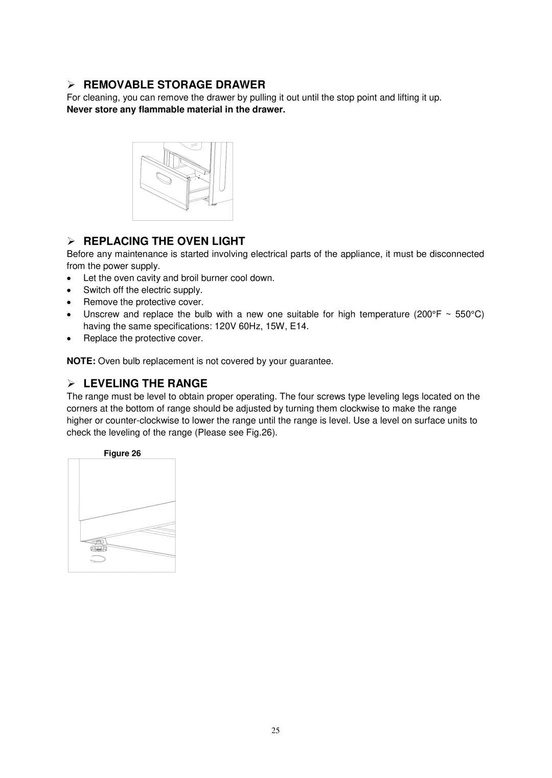 Avanti G2405CSS, G2002CW, G2003CSS, G2404CW instruction manual  Replacing the Oven Light,  Leveling the Range 