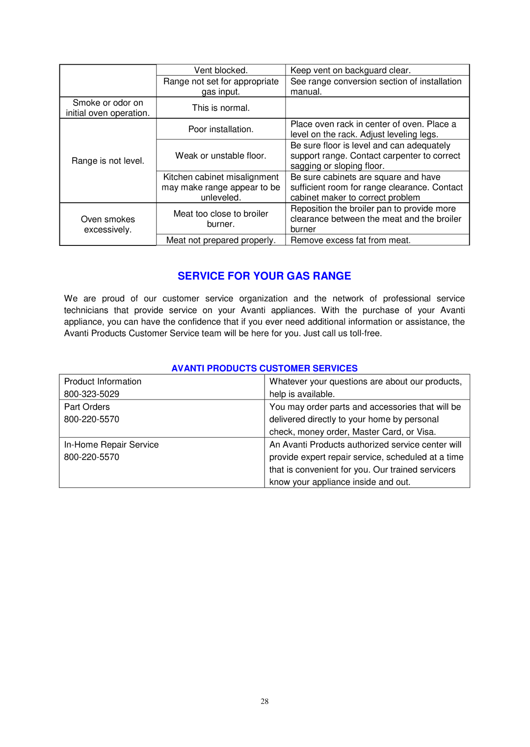 Avanti G2002CW, G2405CSS, G2003CSS, G2404CW instruction manual Service for Your GAS Range 