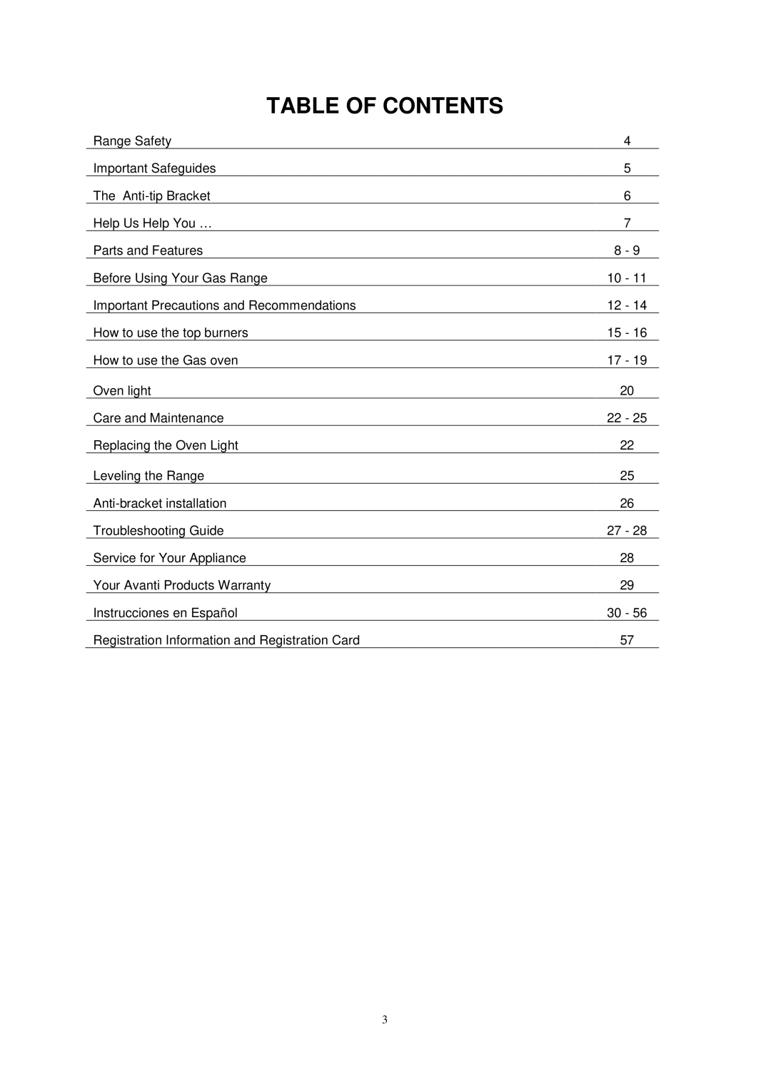 Avanti G2404CW, G2002CW, G2405CSS, G2003CSS instruction manual Table of Contents 