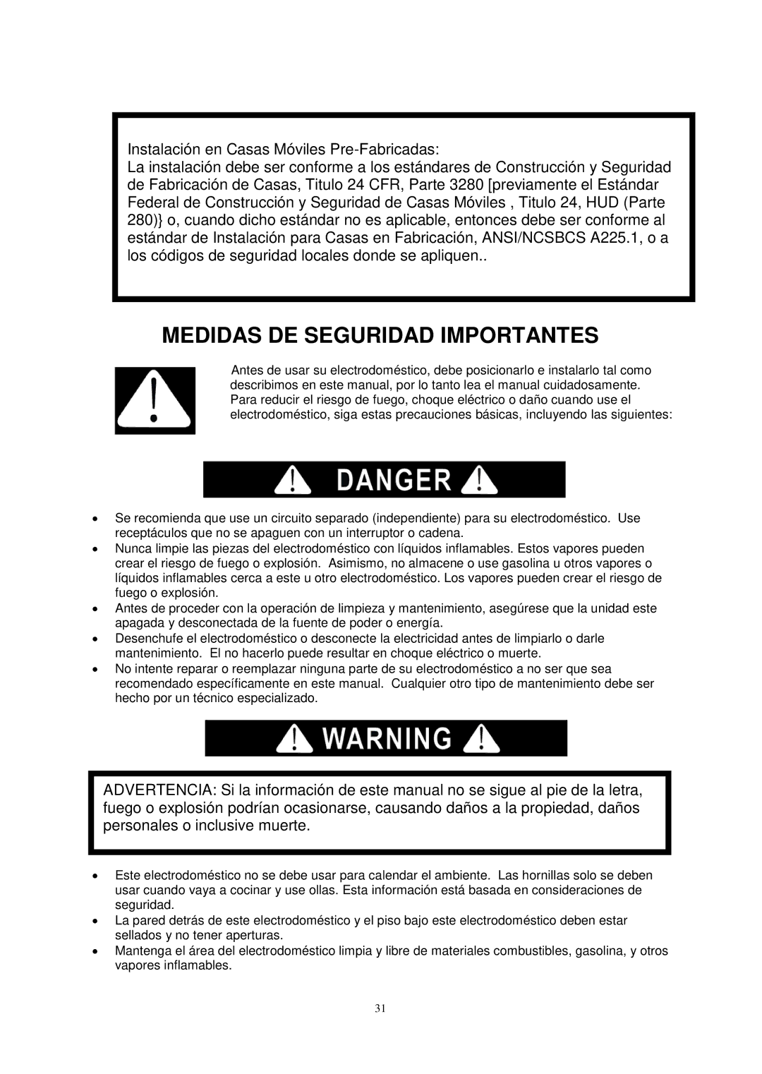 Avanti G2404CW, G2002CW, G2405CSS, G2003CSS instruction manual Medidas DE Seguridad Importantes 