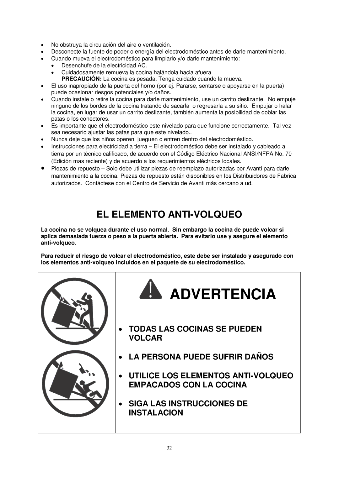 Avanti G2002CW, G2405CSS, G2003CSS, G2404CW instruction manual Advertencia, EL Elemento ANTI-VOLQUEO 