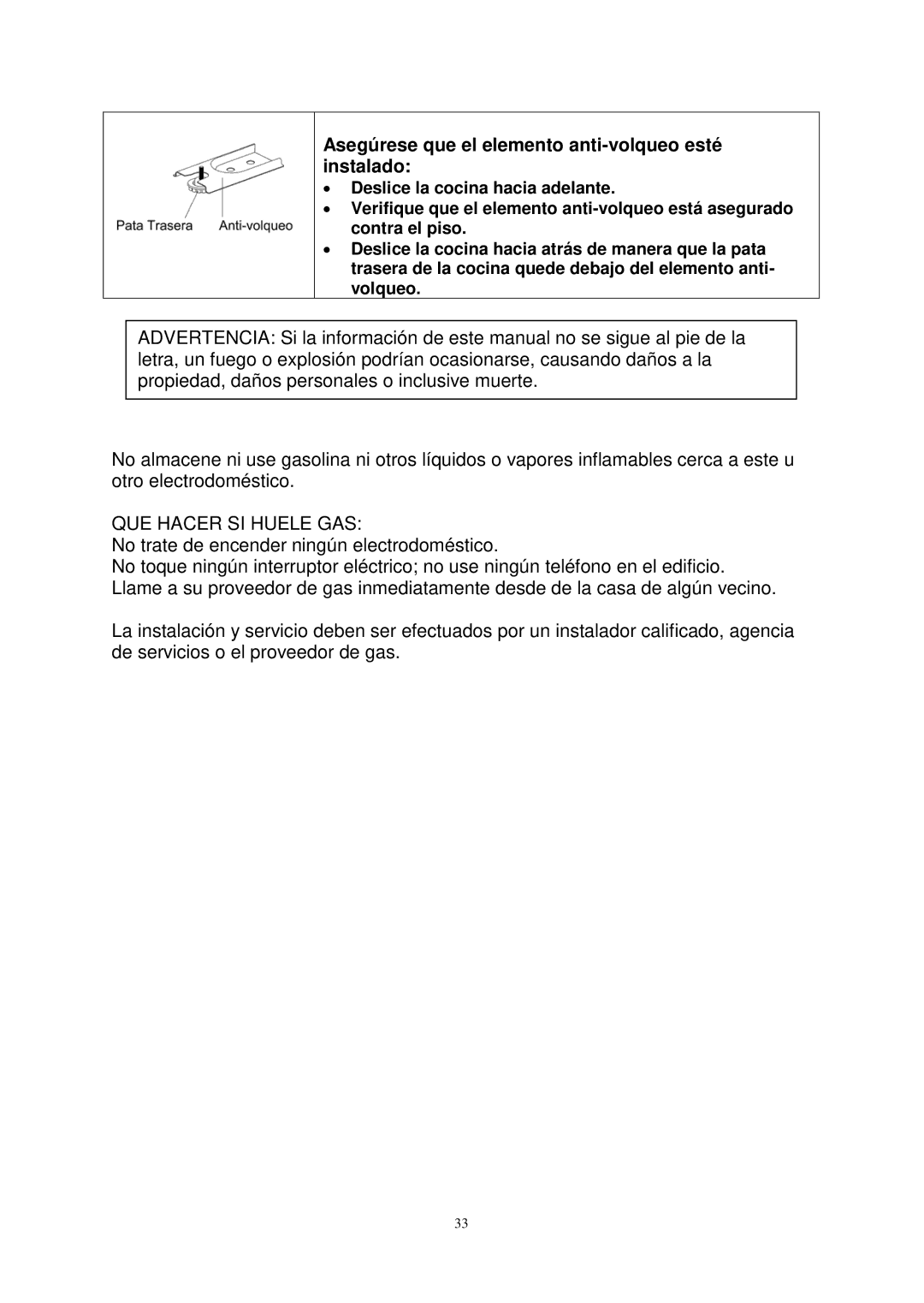 Avanti G2405CSS, G2002CW, G2003CSS, G2404CW Asegúrese que el elemento anti-volqueo esté instalado, QUE Hacer SI Huele GAS 