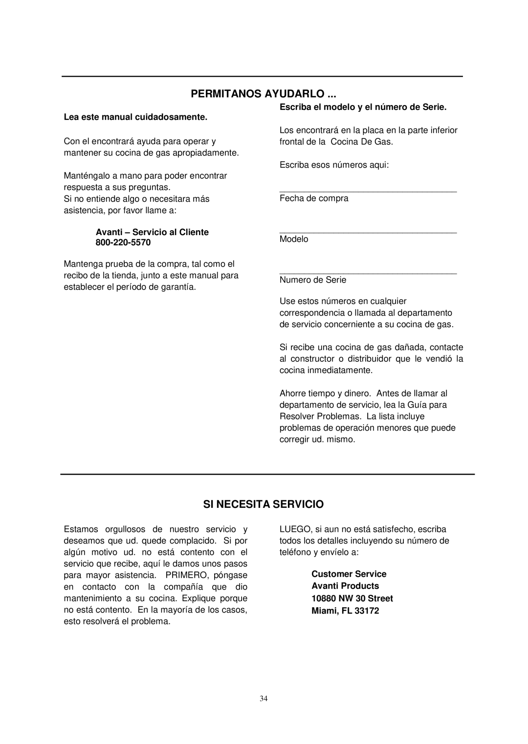 Avanti G2003CSS, G2002CW, G2405CSS, G2404CW instruction manual Permitanos Ayudarlo, SI Necesita Servicio 