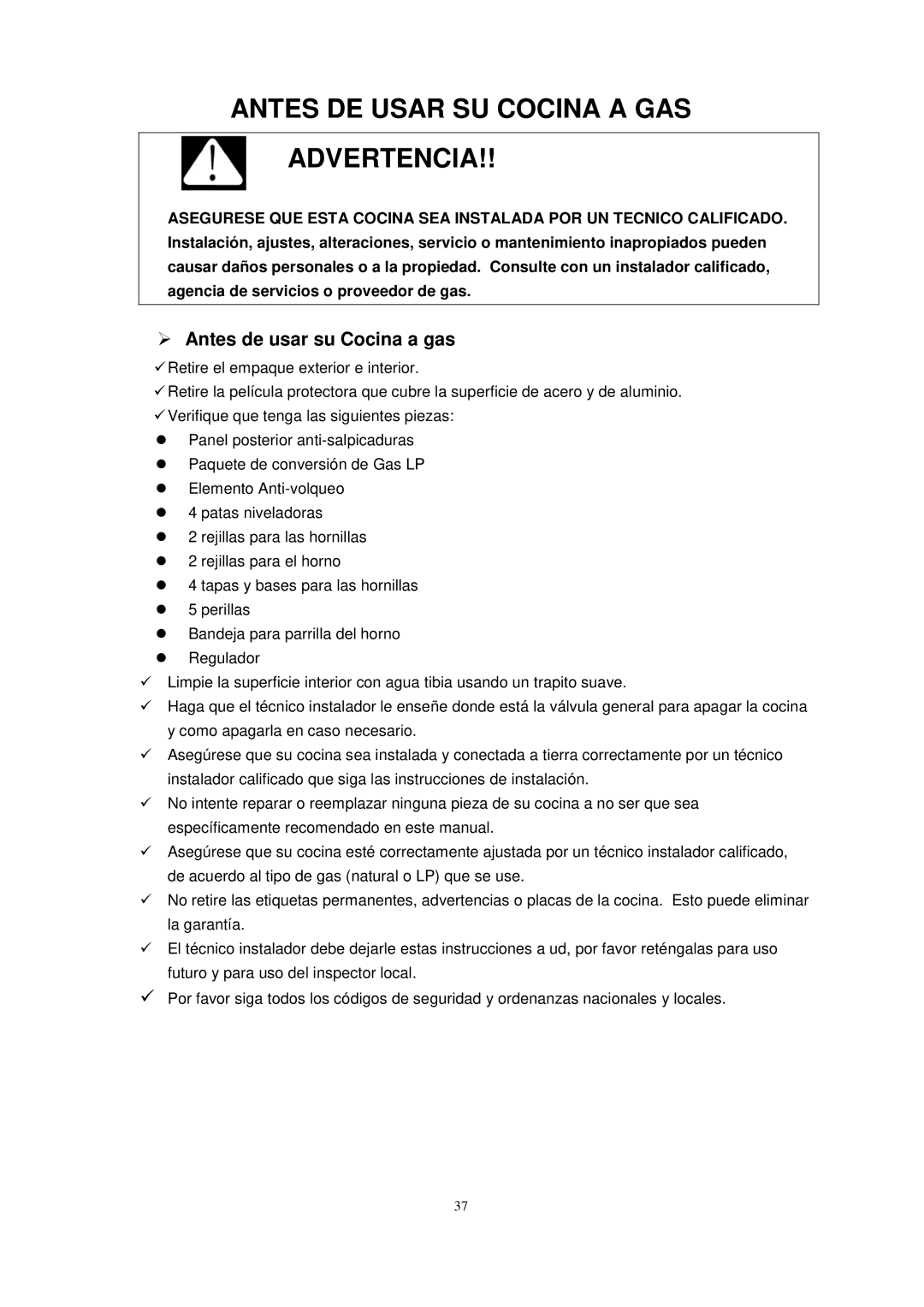 Avanti G2405CSS, G2002CW, G2003CSS, G2404CW Antes DE Usar SU Cocina a GAS Advertencia,  Antes de usar su Cocina a gas 