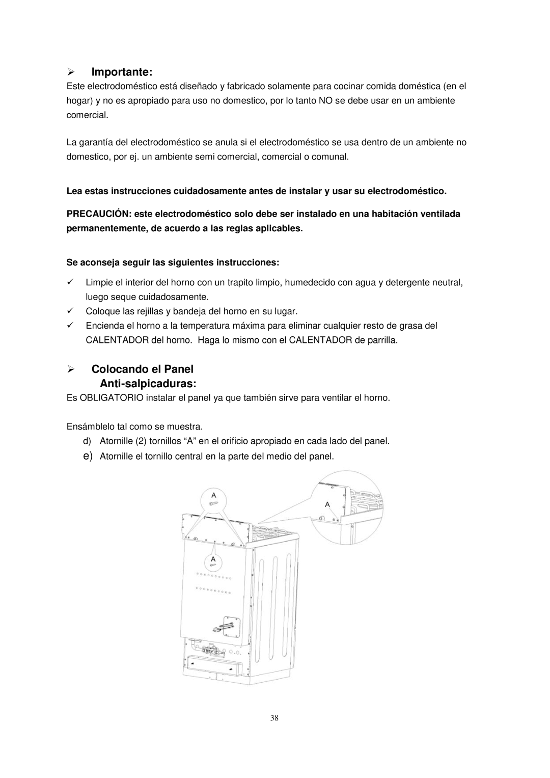 Avanti G2003CSS, G2002CW, G2405CSS, G2404CW instruction manual  Importante,  Colocando el Panel Anti-salpicaduras 