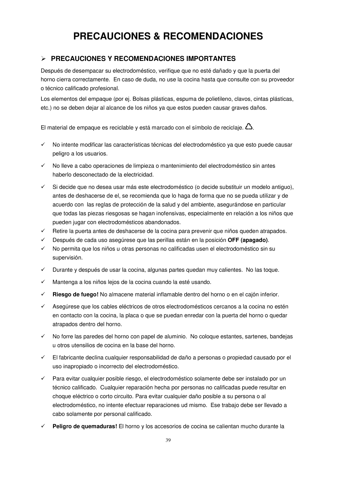 Avanti G2404CW, G2002CW, G2405CSS, G2003CSS Precauciones & Recomendaciones,  Precauciones Y Recomendaciones Importantes 