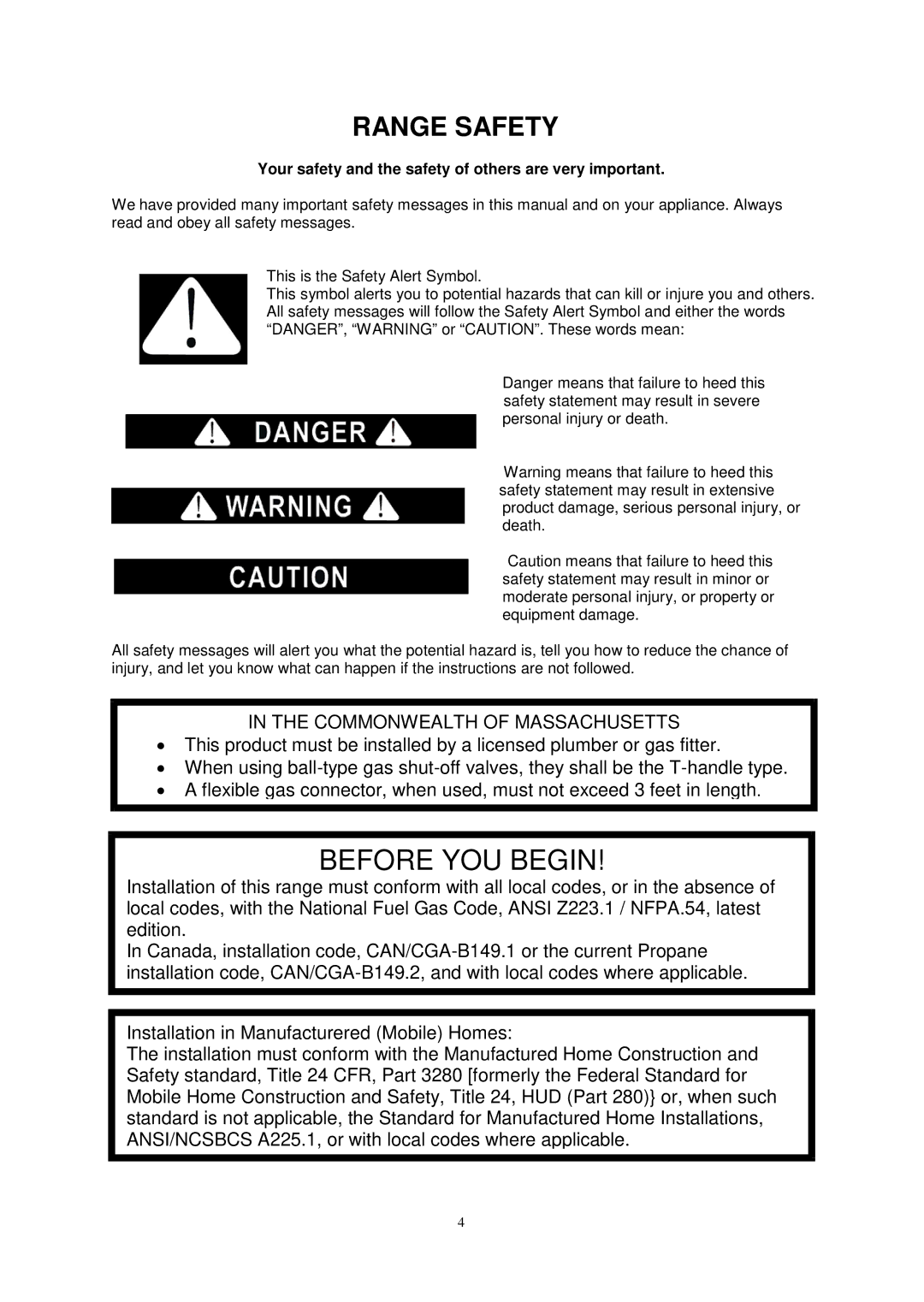 Avanti G2002CW, G2405CSS, G2003CSS, G2404CW instruction manual Range Safety, Commonwealth of Massachusetts 