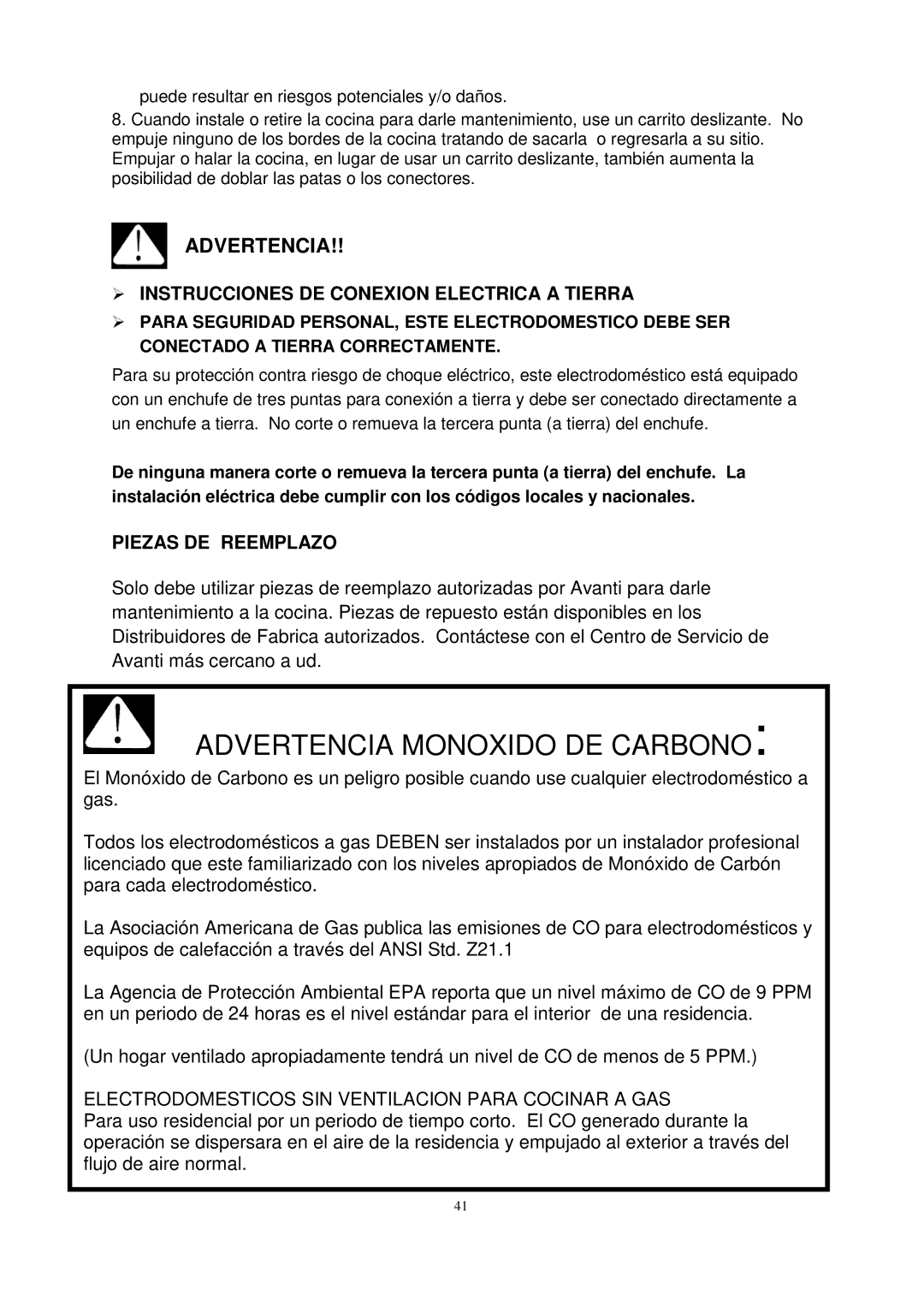 Avanti G2405CSS, G2002CW, G2003CSS, G2404CW  Instrucciones DE Conexion Electrica a Tierra, Piezas DE Reemplazo 