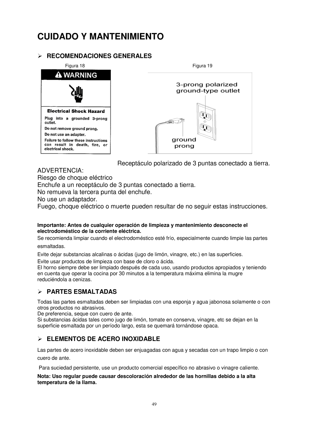 Avanti G2405CSS, G2002CW, G2003CSS Cuidado Y Mantenimiento,  Recomendaciones Generales, Advertencia,  Partes Esmaltadas 