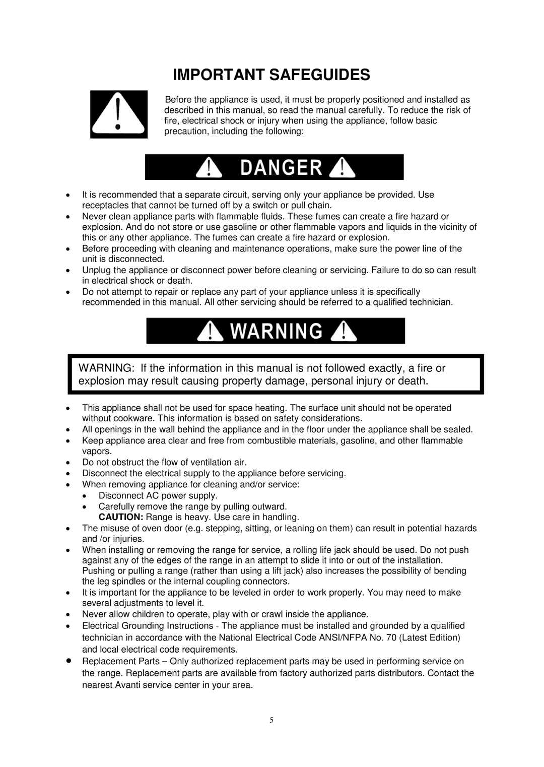 Avanti G2405CSS, G2002CW, G2003CSS, G2404CW instruction manual Important Safeguides 