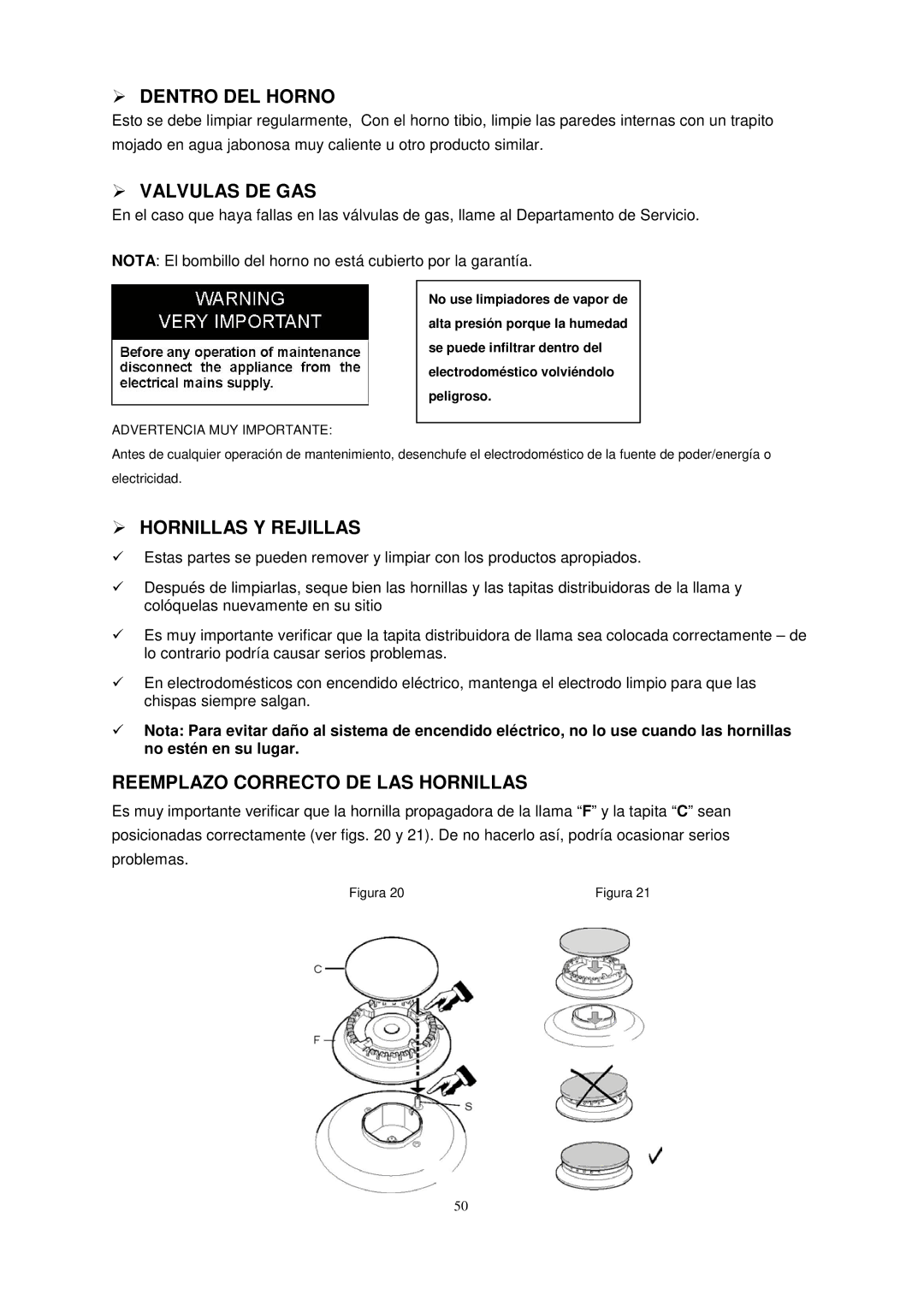 Avanti G2003CSS  Dentro DEL Horno,  Valvulas DE GAS,  Hornillas Y Rejillas, Reemplazo Correcto DE LAS Hornillas 