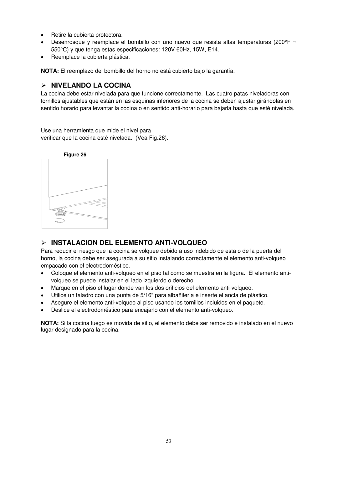 Avanti G2405CSS, G2002CW, G2003CSS, G2404CW instruction manual  Nivelando LA Cocina,  Instalacion DEL Elemento ANTI-VOLQUEO 