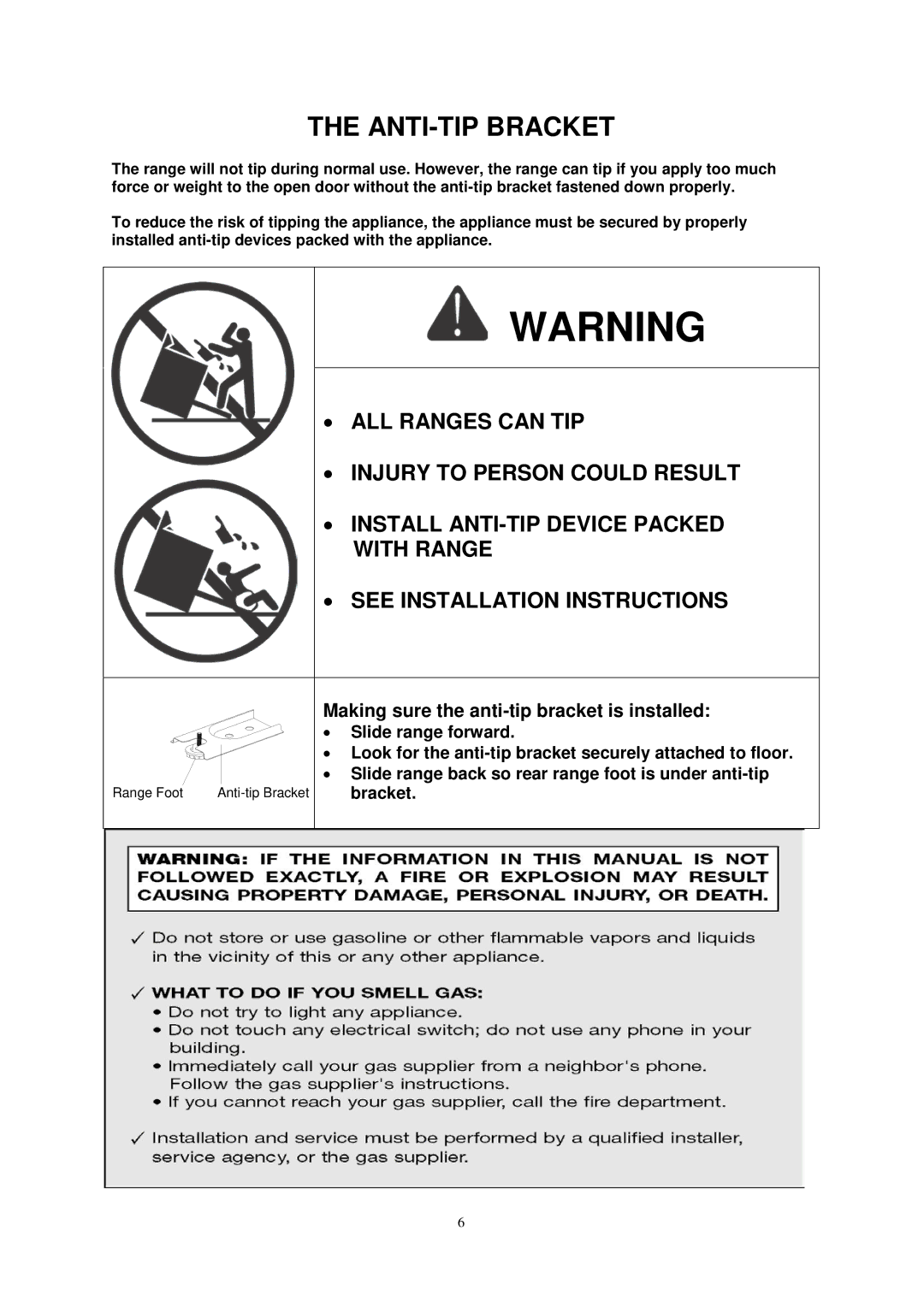 Avanti G2003CSS, G2002CW, G2405CSS, G2404CW instruction manual ANTI-TIP Bracket, Making sure the anti-tip bracket is installed 