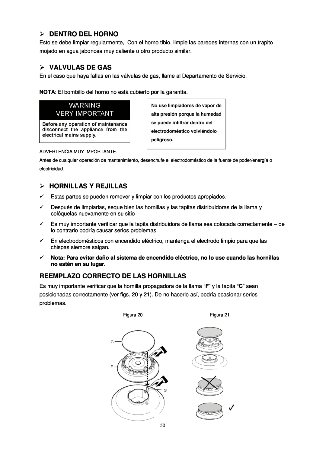 Avanti G2003CSS Dentro Del Horno, Valvulas De Gas, Hornillas Y Rejillas, Reemplazo Correcto De Las Hornillas, Figura 
