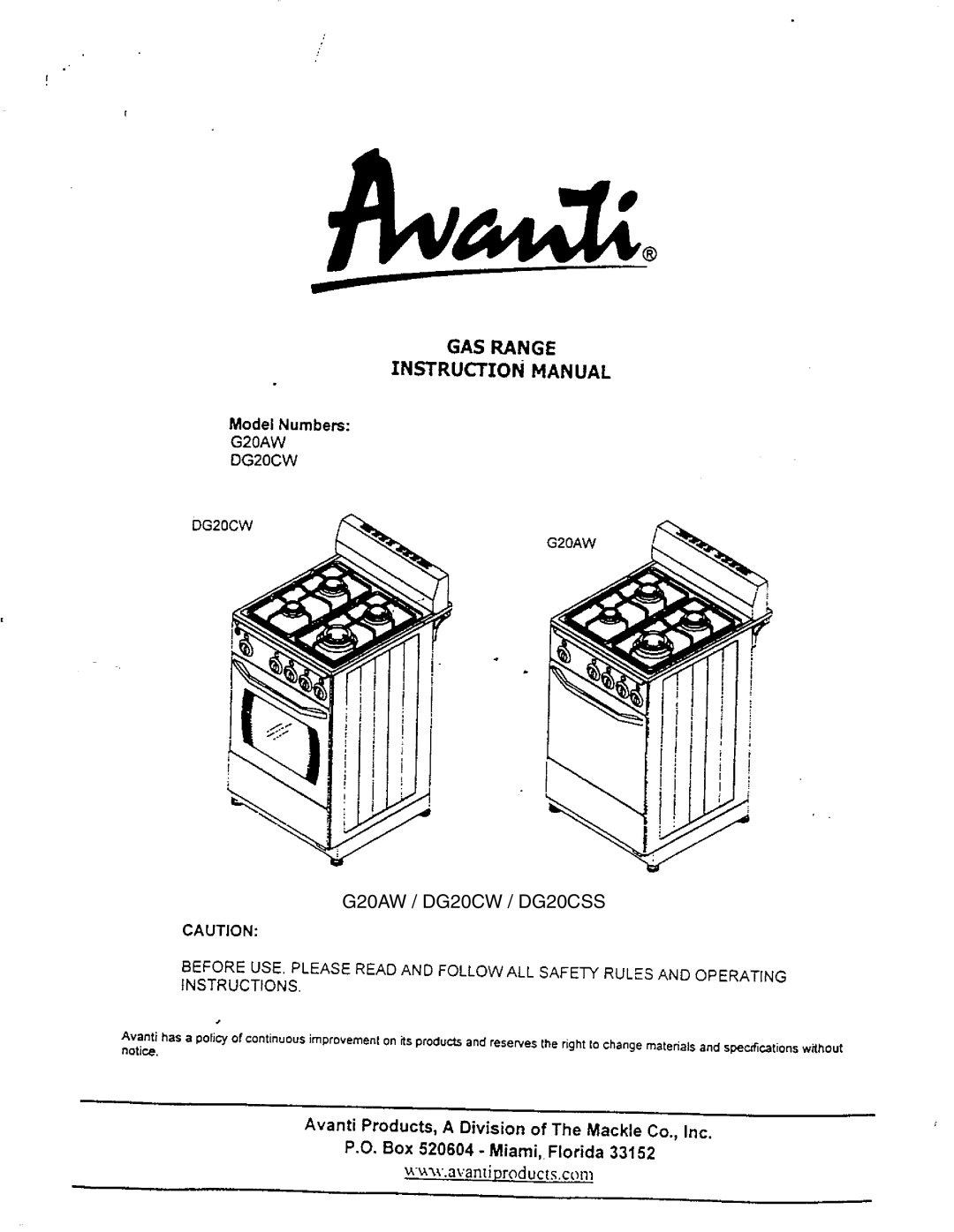 Avanti manual G20AW / DG20CW / DG20CSS 