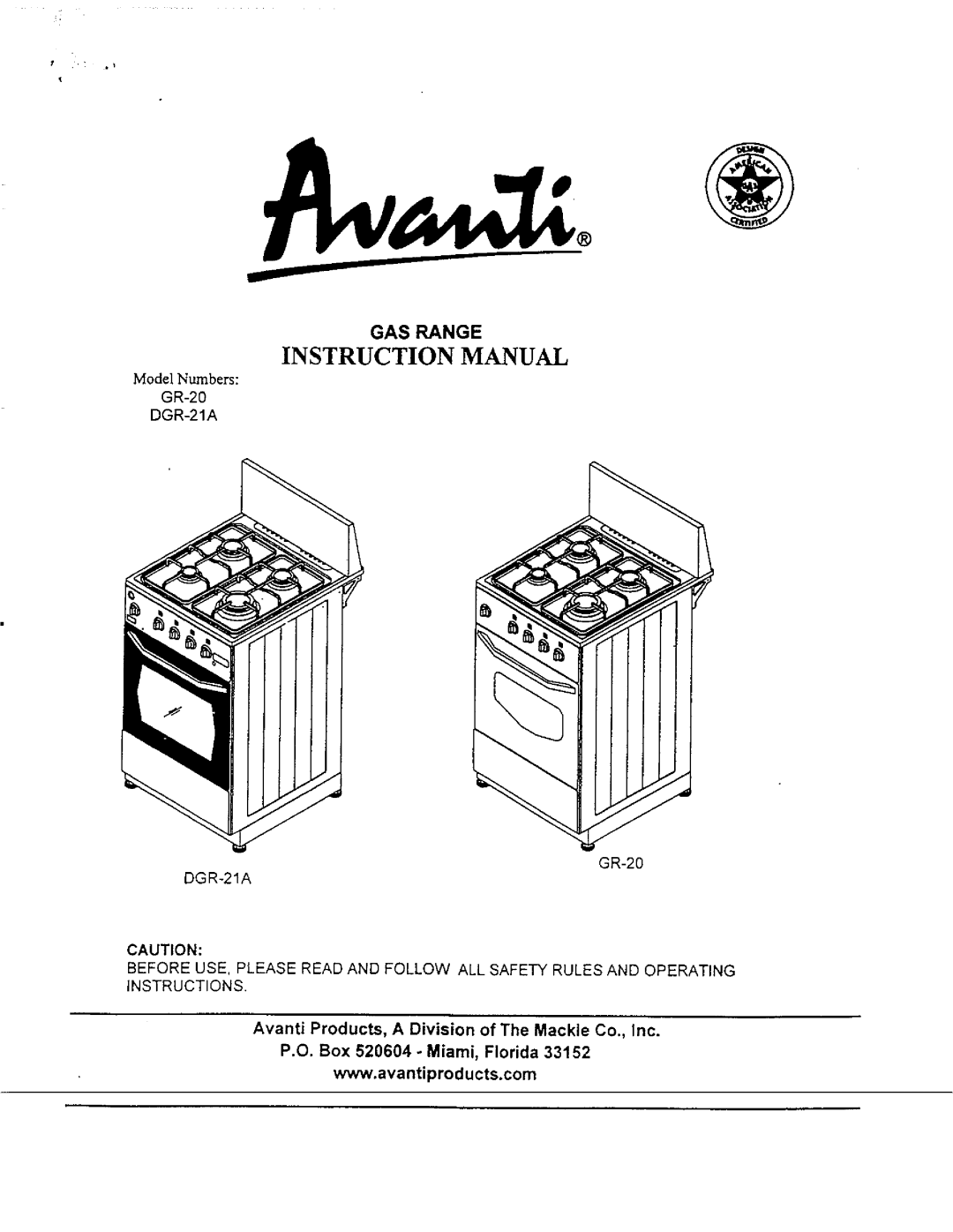 Avanti DGR-21A, GR-20 manual 