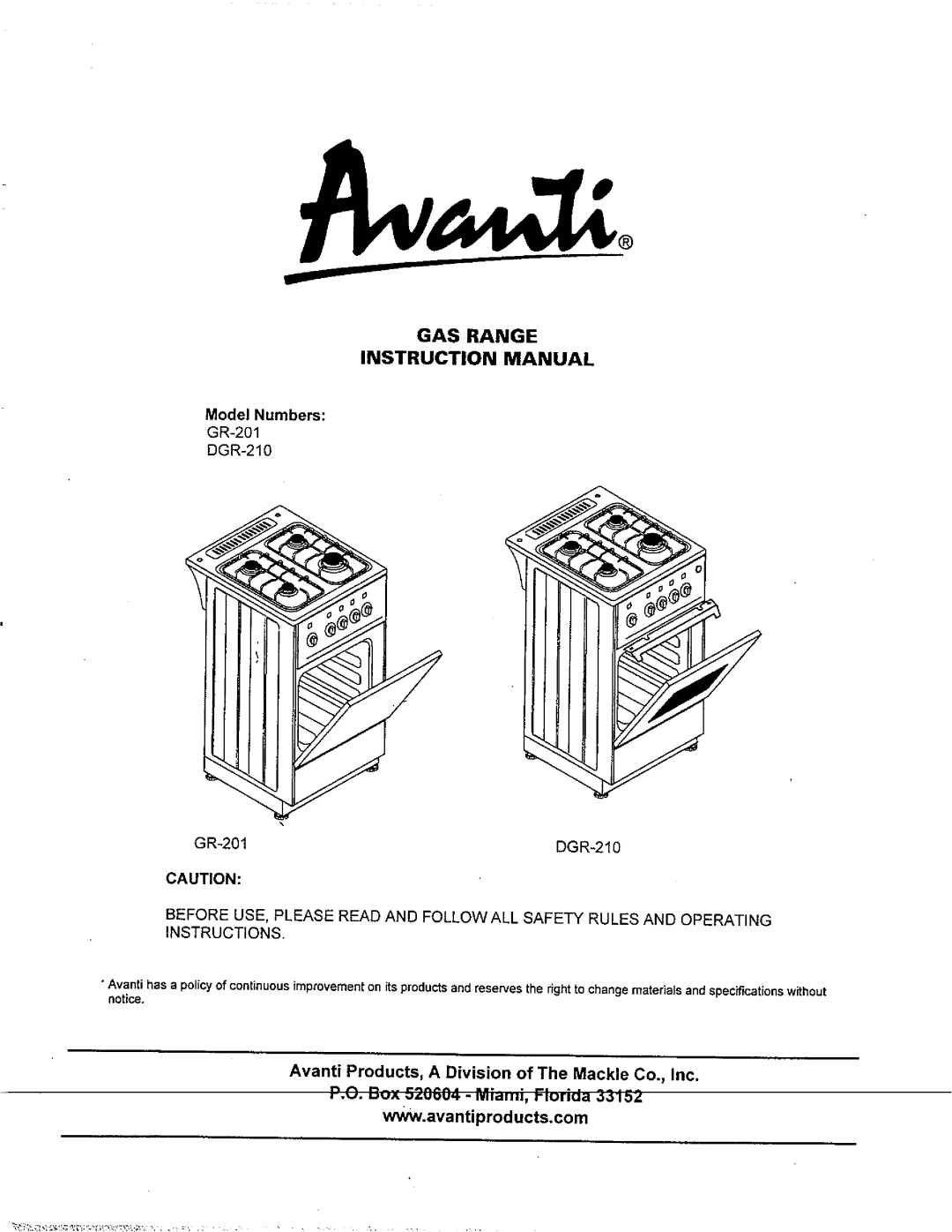 Avanti DGR-210, GR-201 manual 