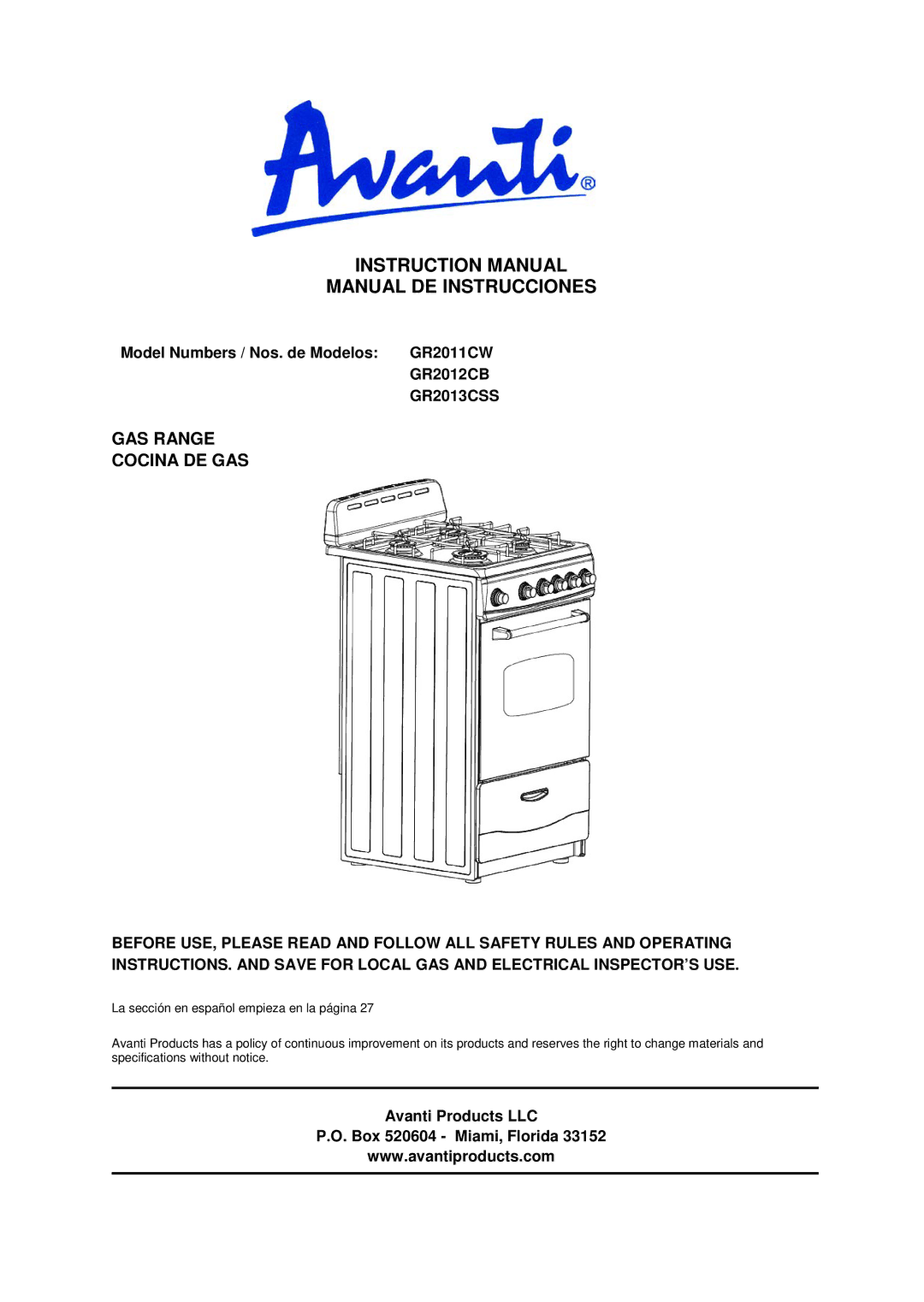 Avanti GR2011CW, GR2012CB, GR2013CSS manual Manual DE Instrucciones, GAS Range Cocina DE GAS 