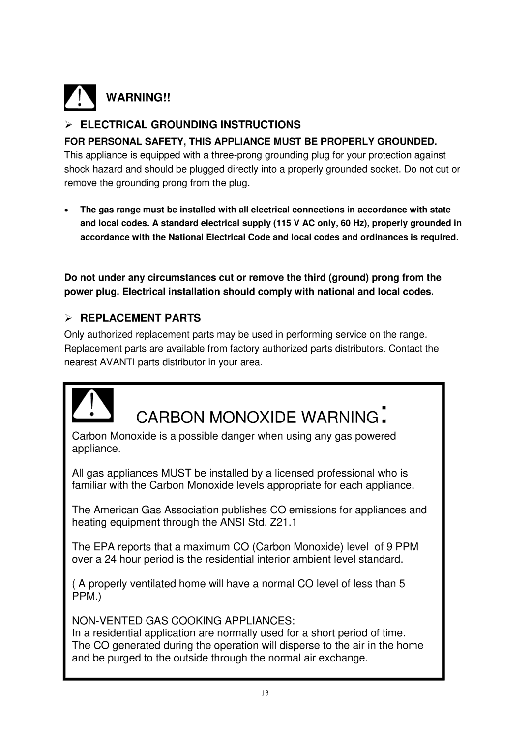 Avanti GR2011CW, GR2012CB manual  Electrical Grounding Instructions,  Replacement Parts, NON-VENTED GAS Cooking Appliances 