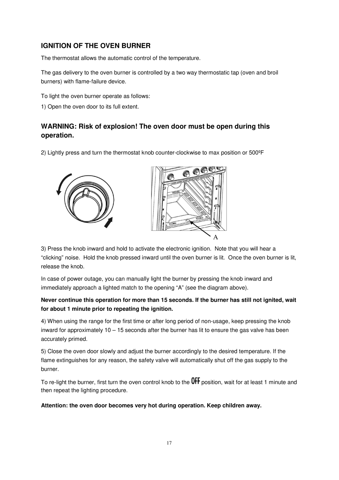 Avanti GR2013CSS, GR2012CB, GR2011CW manual Ignition of the Oven Burner 