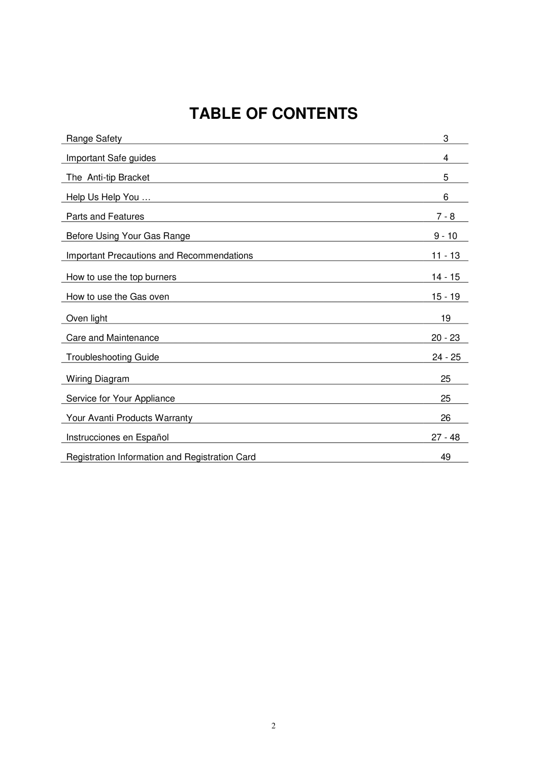 Avanti GR2013CSS, GR2012CB, GR2011CW manual Table of Contents 