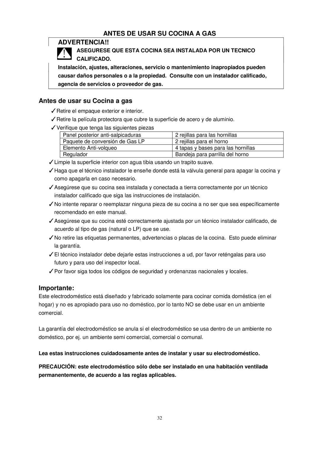 Avanti GR2013CSS, GR2012CB, GR2011CW manual Antes DE Usar SU Cocina a GAS Advertencia, Antes de usar su Cocina a gas 