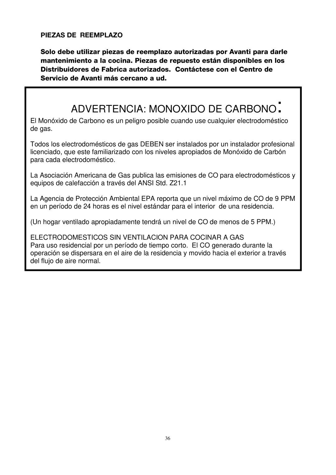 Avanti GR2012CB, GR2011CW, GR2013CSS manual Piezas DE Reemplazo, Electrodomesticos SIN Ventilacion Para Cocinar a GAS 