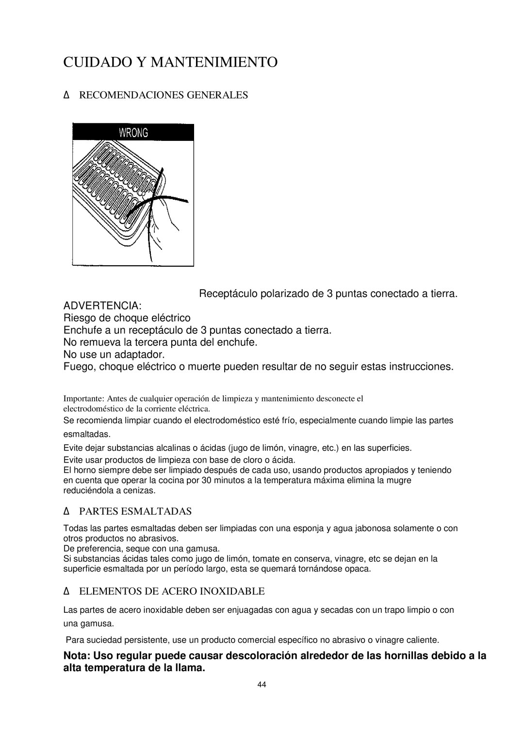 Avanti GR2013CSS, GR2012CB, GR2011CW Cuidado Y Mantenimiento,  Recomendaciones Generales, Advertencia,  Partes Esmaltadas 