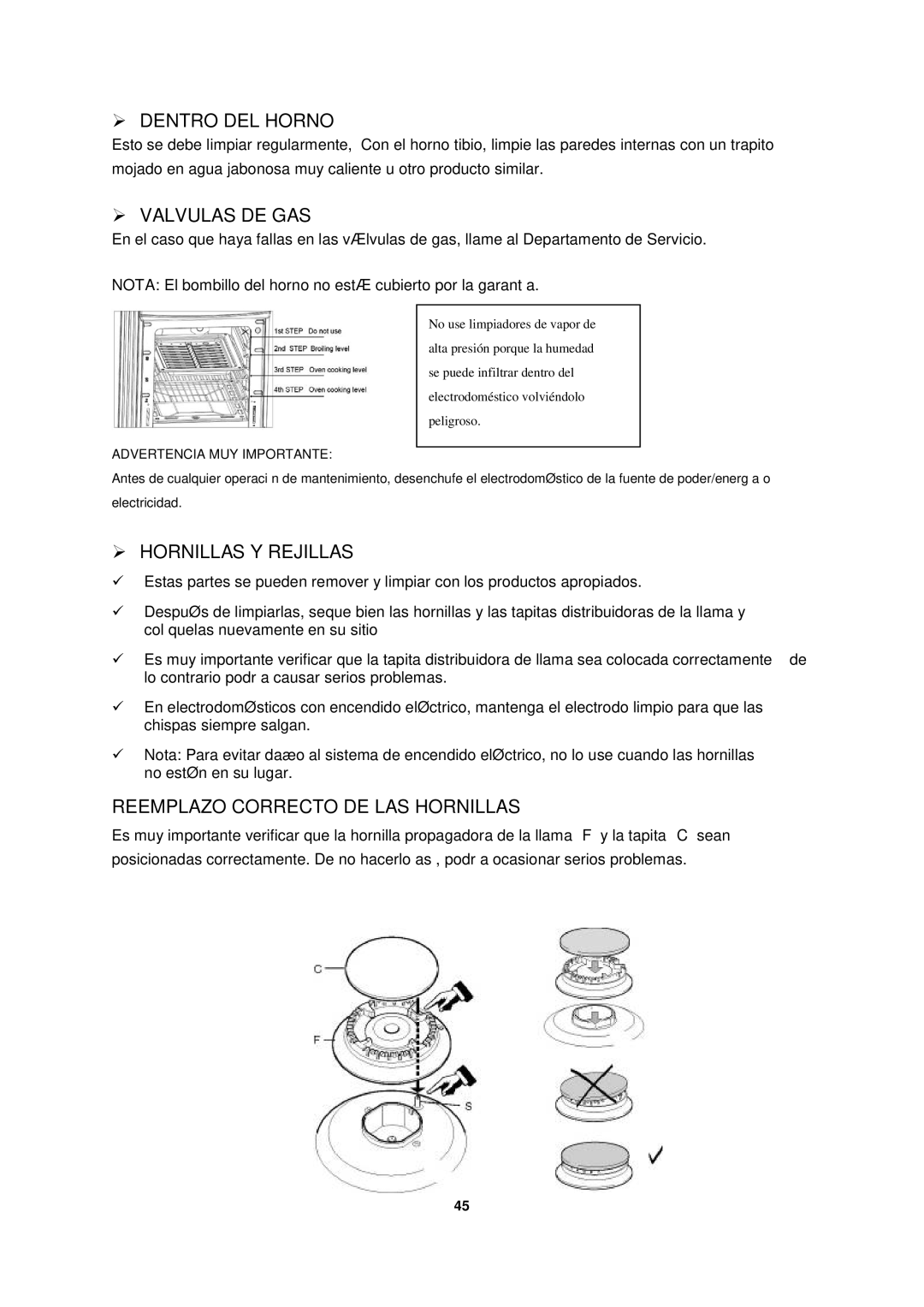 Avanti GR2012CB manual  Dentro DEL Horno,  Valvulas DE GAS,  Hornillas Y Rejillas, Reemplazo Correcto DE LAS Hornillas 